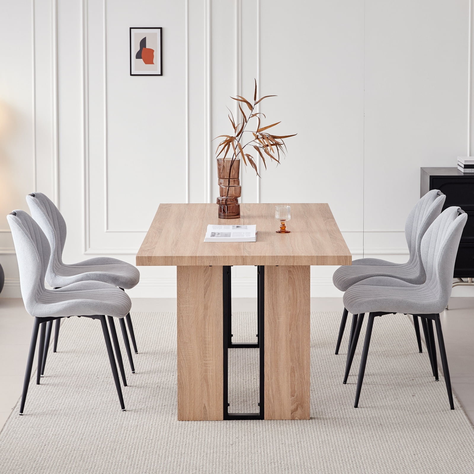 5pcs Rectangle Dining Table Chairs Set for 4, 63" Farmhouse Wood Kitchen Table with 4 Upholstered Mid Century Modern Boucle Chairs for Dinner, Living Dining Room, Apartment, Beige - Image 18
