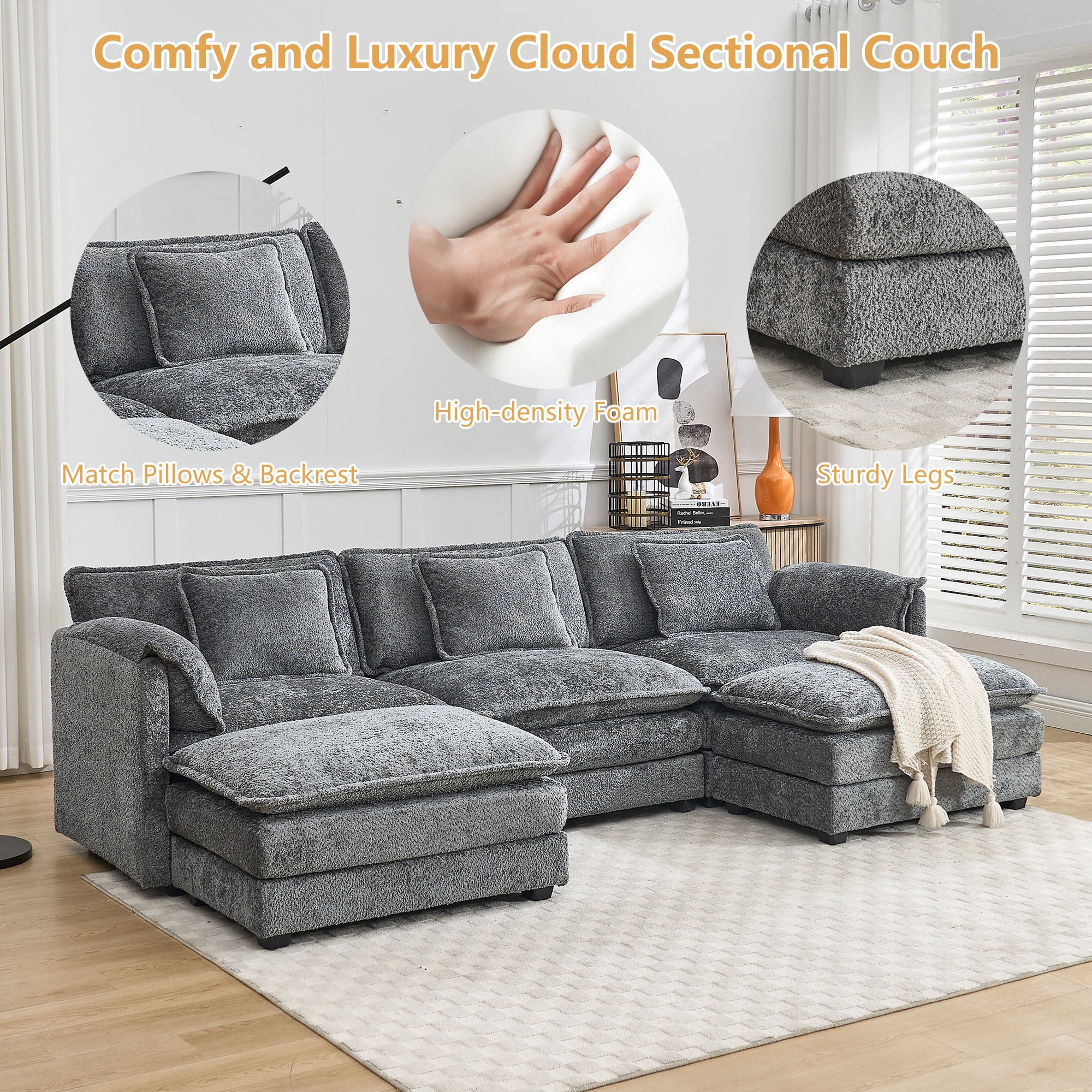 GNIXUU 112" Oversized Sectional Sofa Cloud Couch for Living Room, Modern Chenille L Shaped Couch, Comfy Boucle Modular Sofa Sleeper with Moveable Ottoman & Memory Foam (Green) - Image 39
