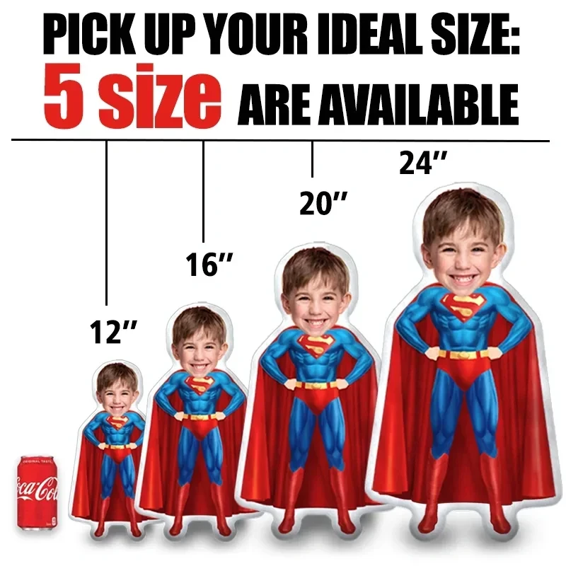 Size chart for personalized superhero face doll pillows showing 12 to 24 inch options