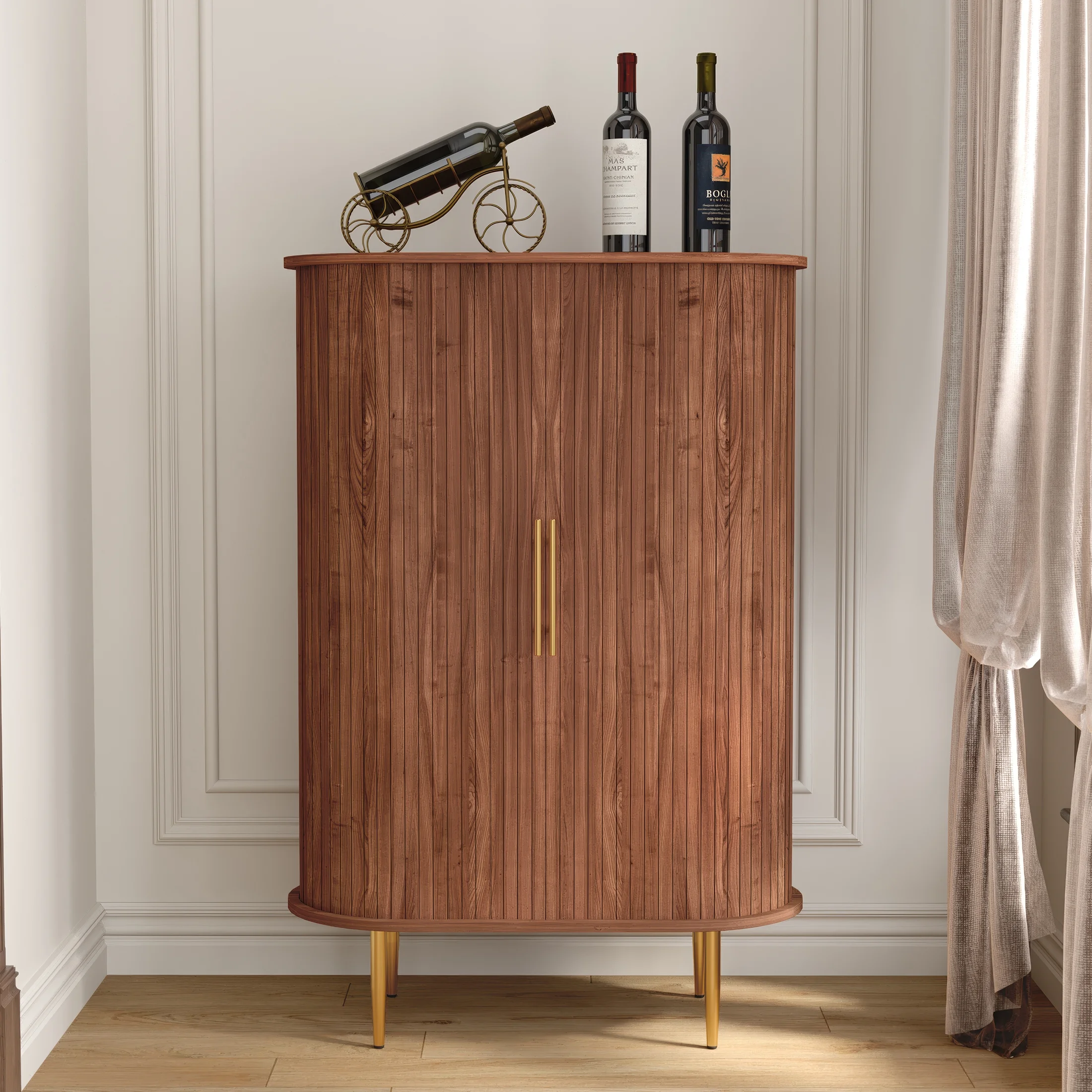 HLR Coffee Bar Cabinet with Tambour Door: Wine Rack, Glass Holder, & Storage Buffet for Home & Living Room Brown
