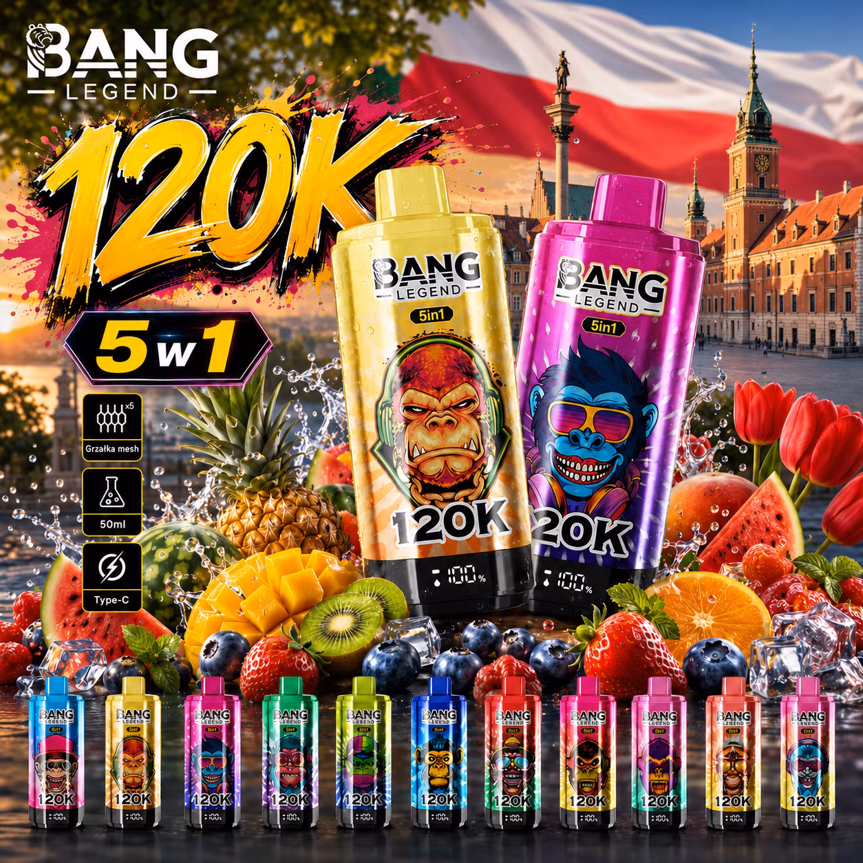 BANG LEGEND 120 000 puffów 5w1 – 5 smaków, obrotowy ustnik 360°, 5× mesh, 50 ml, Type-C