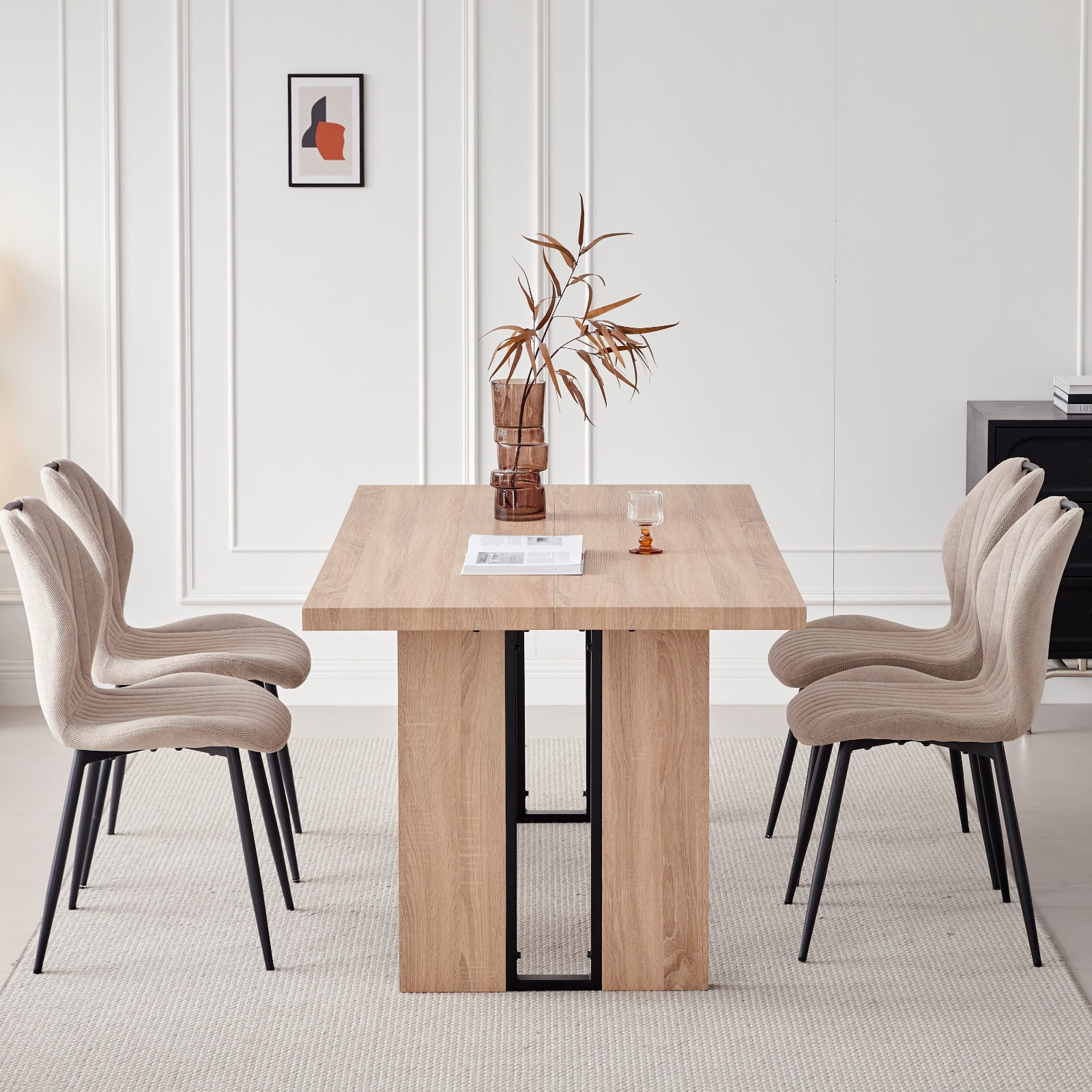 5pcs Rectangle Dining Table Chairs Set for 4, 63" Farmhouse Wood Kitchen Table with 4 Upholstered Mid Century Modern Boucle Chairs for Dinner, Living Dining Room, Apartment, Beige - Image 29