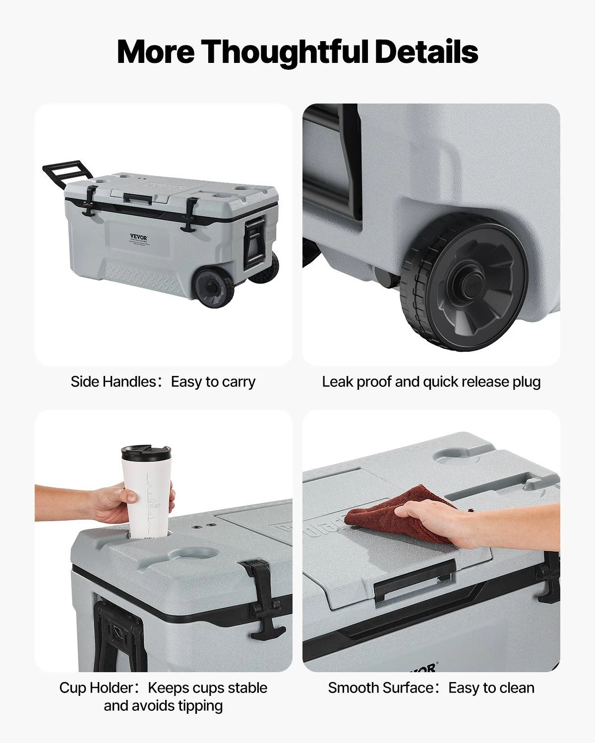 74 QT Wheeled Cooler - 120 Can Capacity Portable Ice Chest with Heavy-Duty Wheels & Cup Holders, Insulated Outdoor Cooler for Camping, Tailgating, Beach & BBQs, Leak-Proof Drain & Extended Cold Reten - Image 5