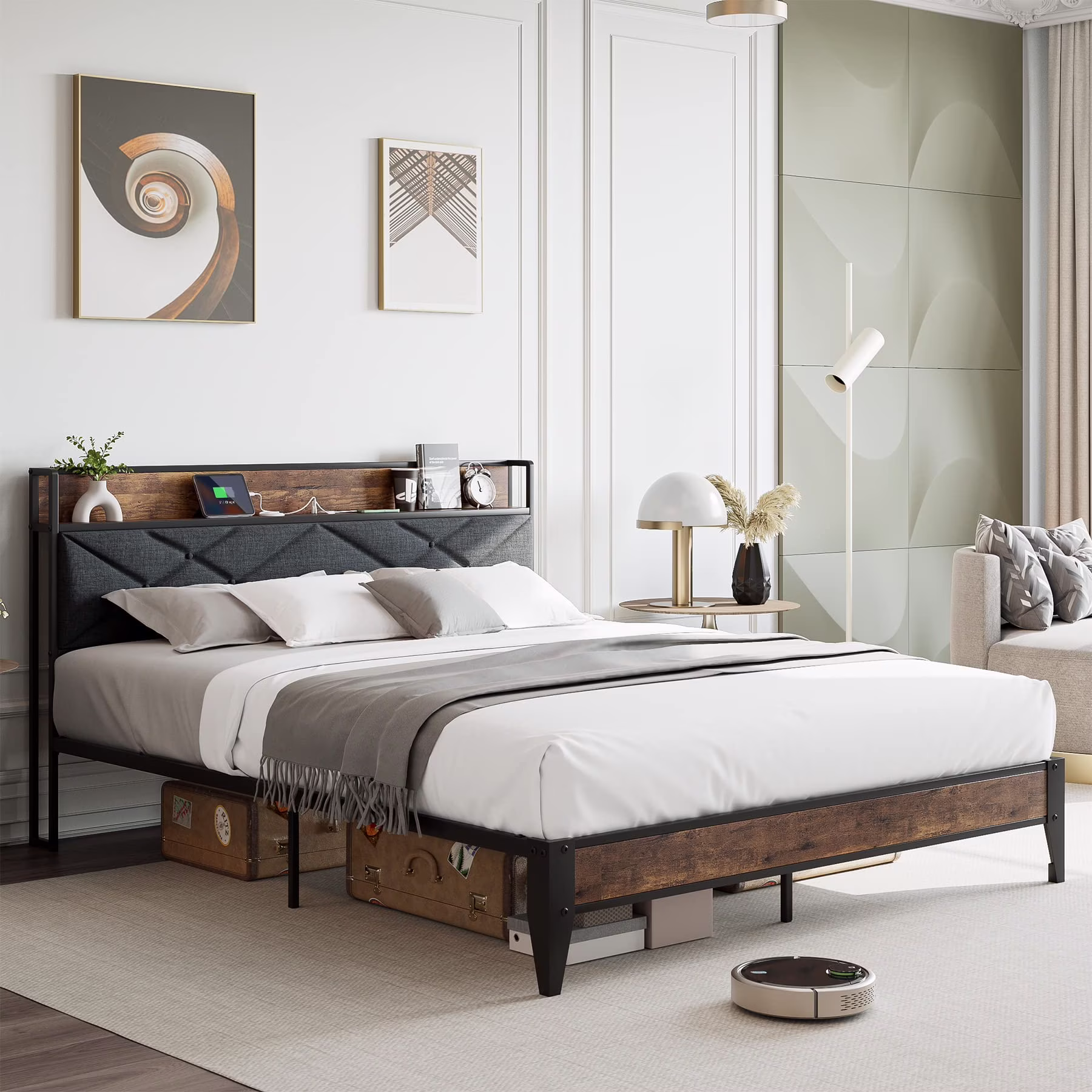 TROPOW King Size Bed Frame,Upholstered Headboard with Charging Station and Storage Shelf, Heavy-Duty Metal Platform Bed Frame, No Box Spring Needed, Easy Assembly, Grey
