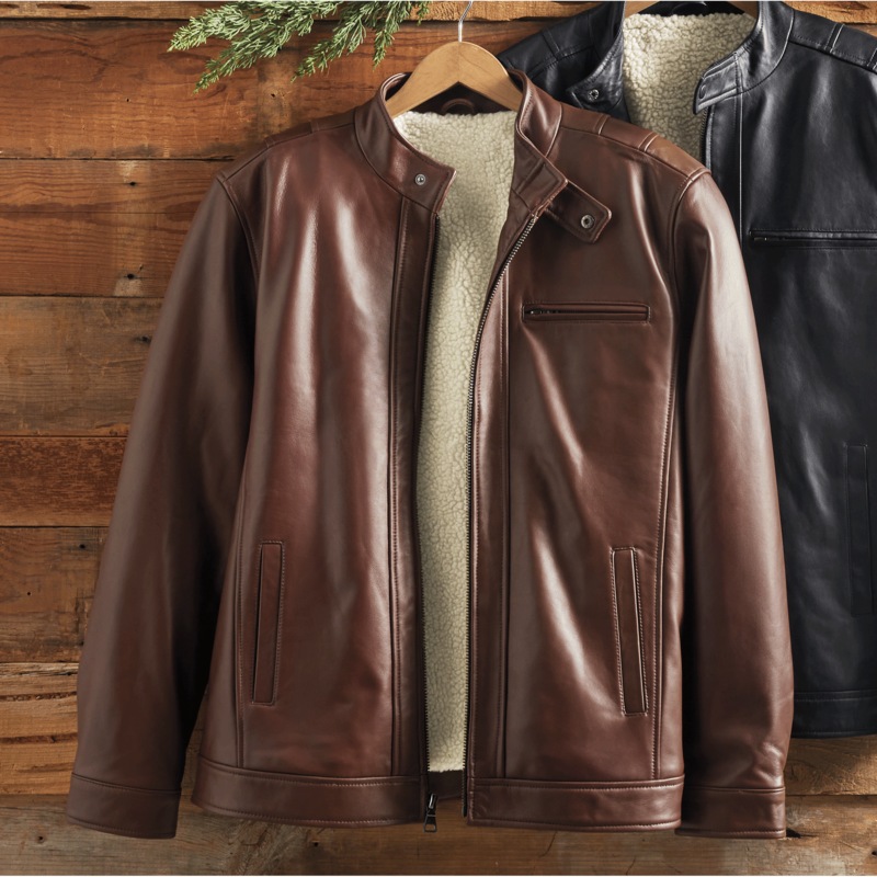 Sherpa-Lined Leather Coat - MIDNIGHT VELVET CATALOG