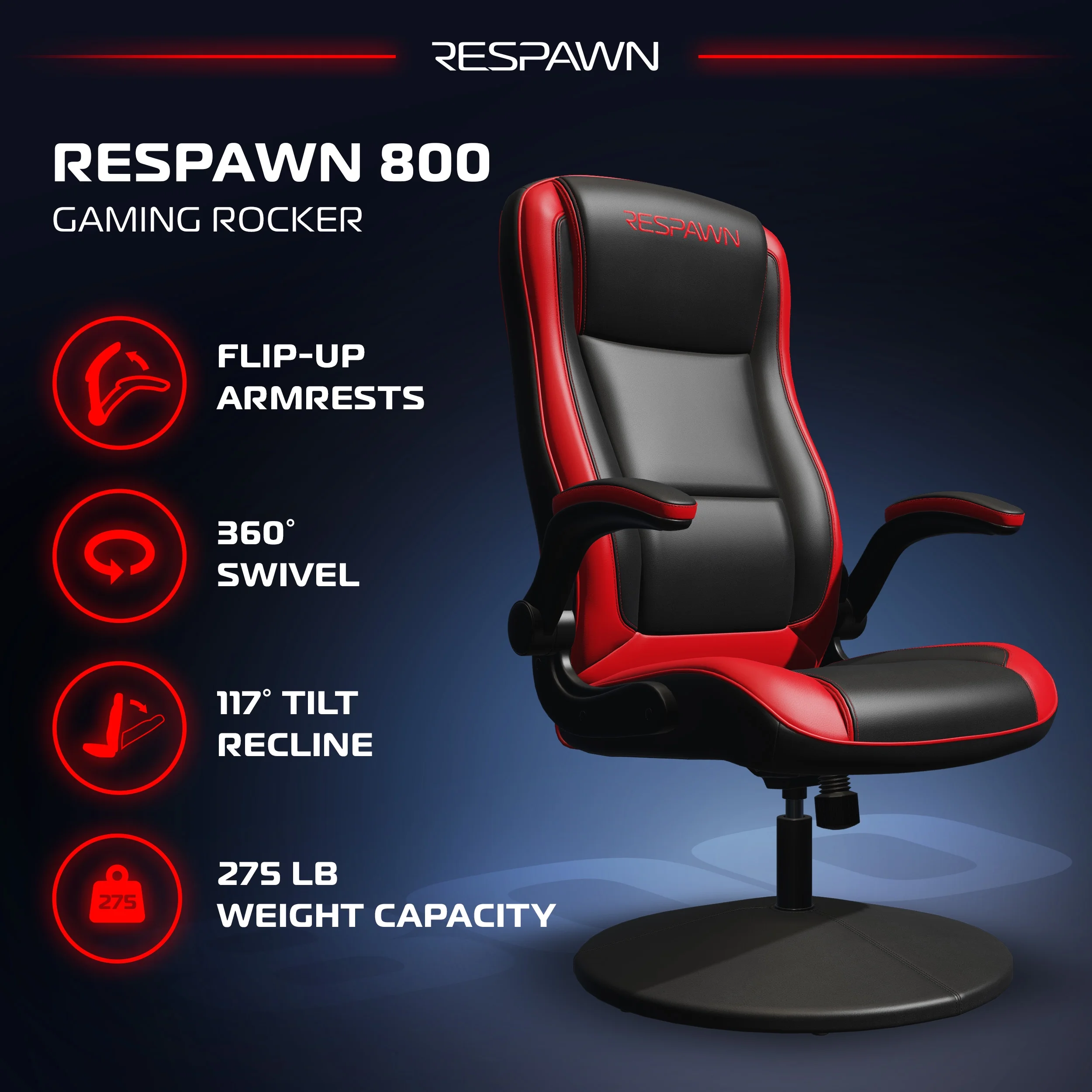 RESPAWN 800 Swivel Rocker Gaming Chair - Ergonomic Floor Gaming Seat with Lumbar Support, Flip Up Armrest, High Back, Pedestal Base, Comfortable No Wheels Console Video Game Rocker Chair - Red - Image 2