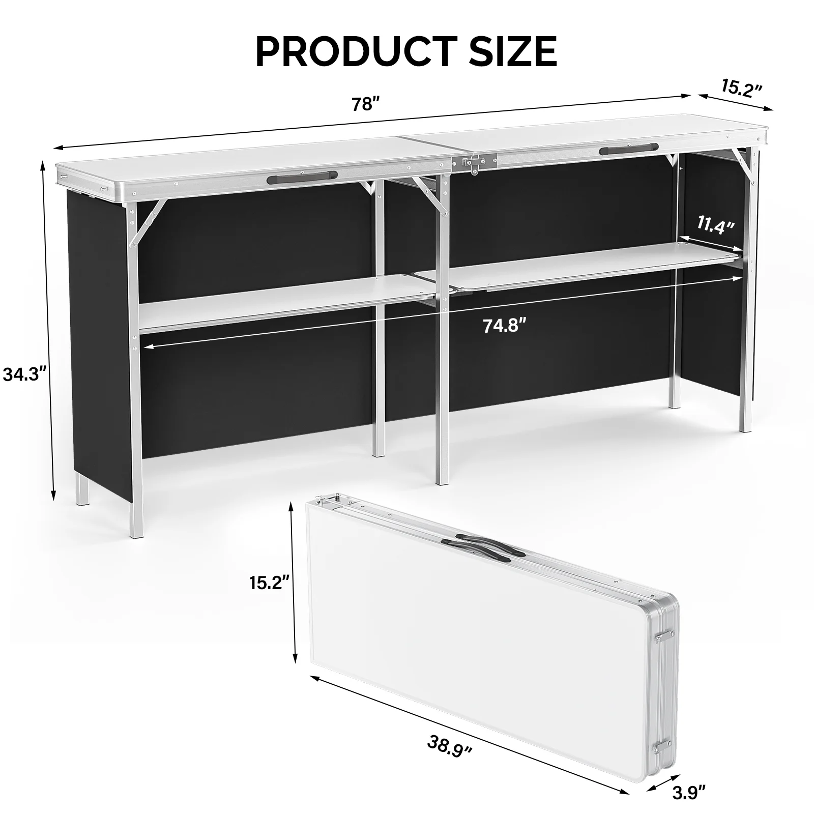 Ktaxon 78" Foldable Bar Table, Mobile Bar with 3-Tier Shelves & Carry Bag - Perfect for Events, Parties, Camping, Picnics, Tradeshows, and Both Outdoor/Indoor Use (Comes with Black Skirt, Black) - Image 19