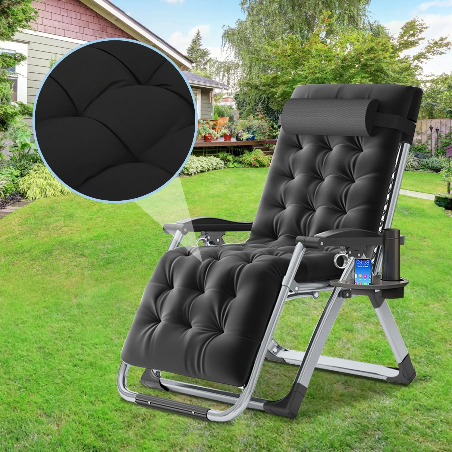 NAIZEA 2 Pack Zero Gravity Chair, Foldable Portable Lawn Recliner with Cushion, Headrest, Cup Holder, Black - Image 31