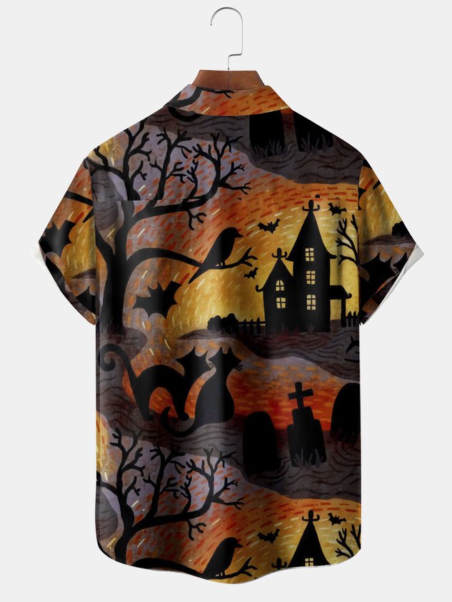 Men's Halloween Cat Print Casual Breathable Short Sleeve Shirt