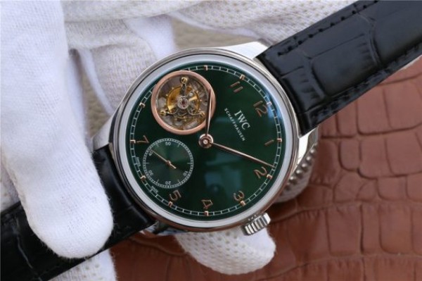 Replica IWC Portuguese Tourbillon IW5463 SS YLF Green Dial RG Markers Black Leather Strap A98900 - Elite Watch Atelier