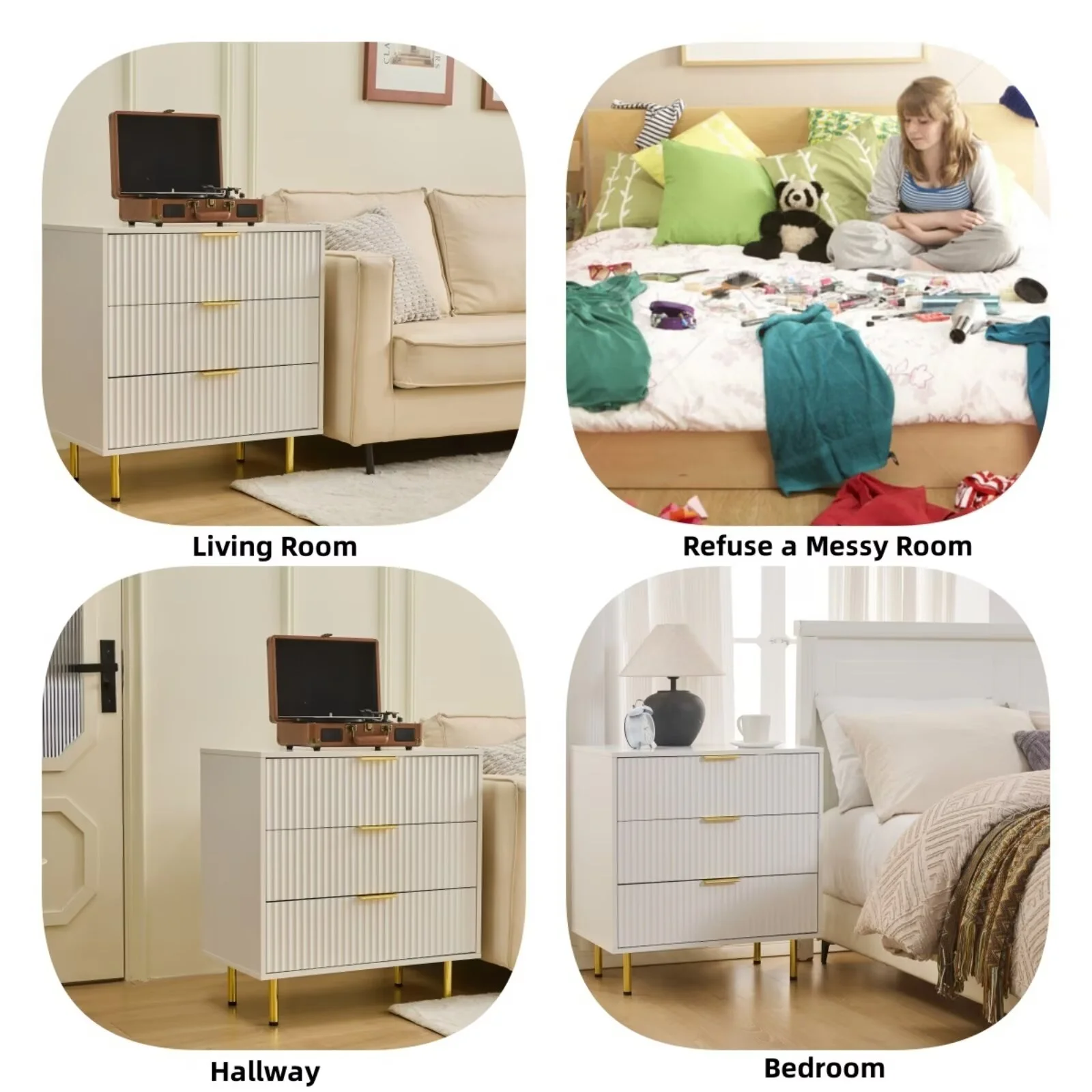 HRYJ White Large 3 Drawers Nightstand Dresser Fluted Wood Night Stand Bedside Table for Bedroom - Image 6
