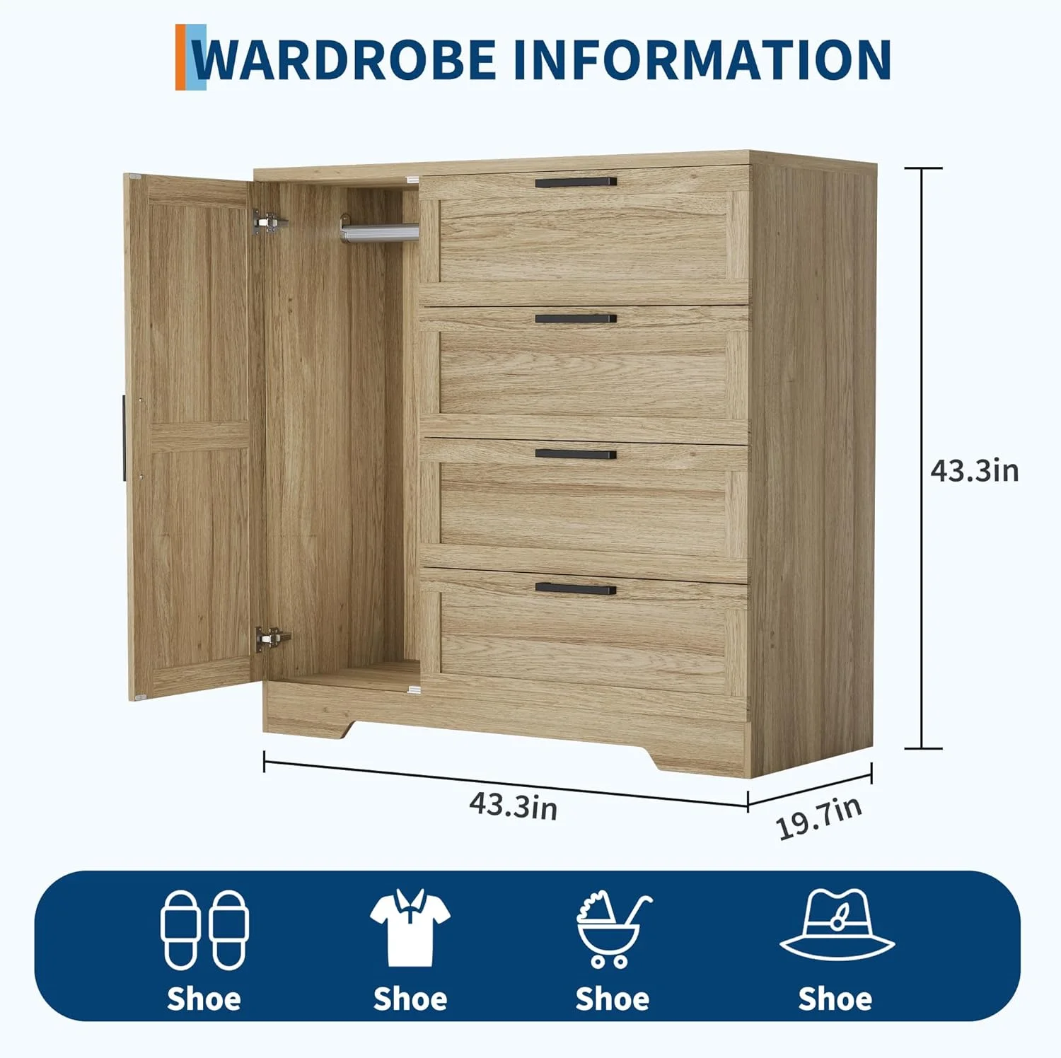 43.3'' Small Wardrobe Closet, Wardrobe Cabinet with Door, 4 Drawers and Handing Rod, Wooden Clothes Cabinet 4 Drawer Dresser for Bedroom, Laundry Room, Cloak Room, Natural Oak