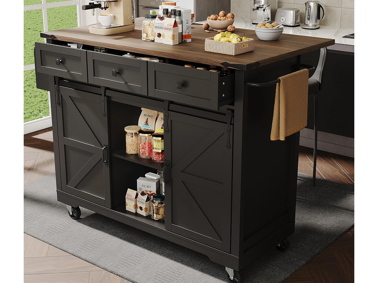 Ilot central de cuisine mobile - plateau extensible - 3 tiroirs et 2 portes coulissantes - avec porte-serviettes - MDF - noir + naturel