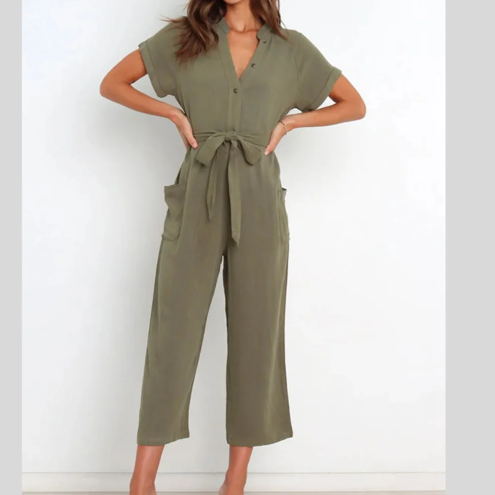 Notched Short Sleeve Tie Waist Jumpsuit - ZKZOOK