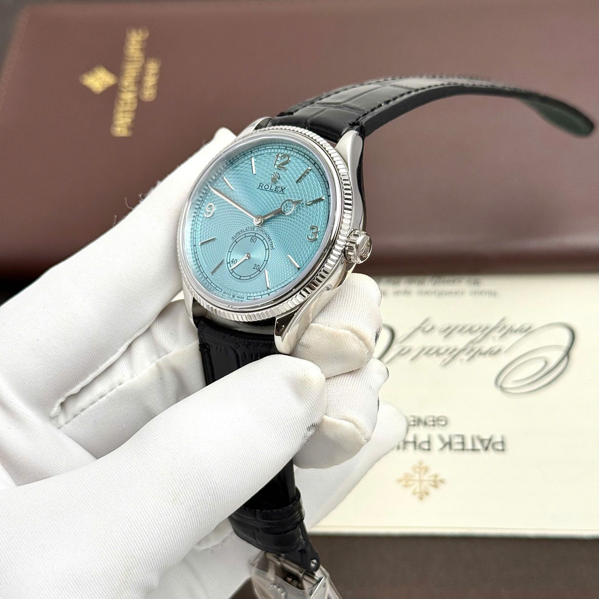 Rolex Perpetual 1908 Fake Watches Tiffany Dial Leather Strap Black 39mm - Elite Watch Atelier