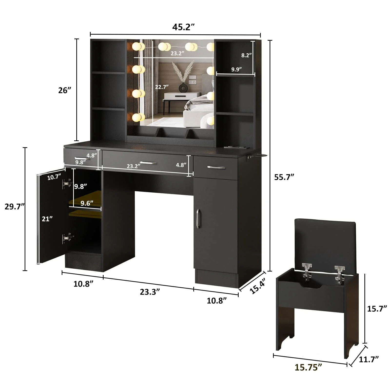 VEANERWOOD Large Makeup Vanity Set with Light Modern Makeup Vanity Table with Storage and Adjustable Lighting Colors for Bedroom 45.2in, White - Image 36
