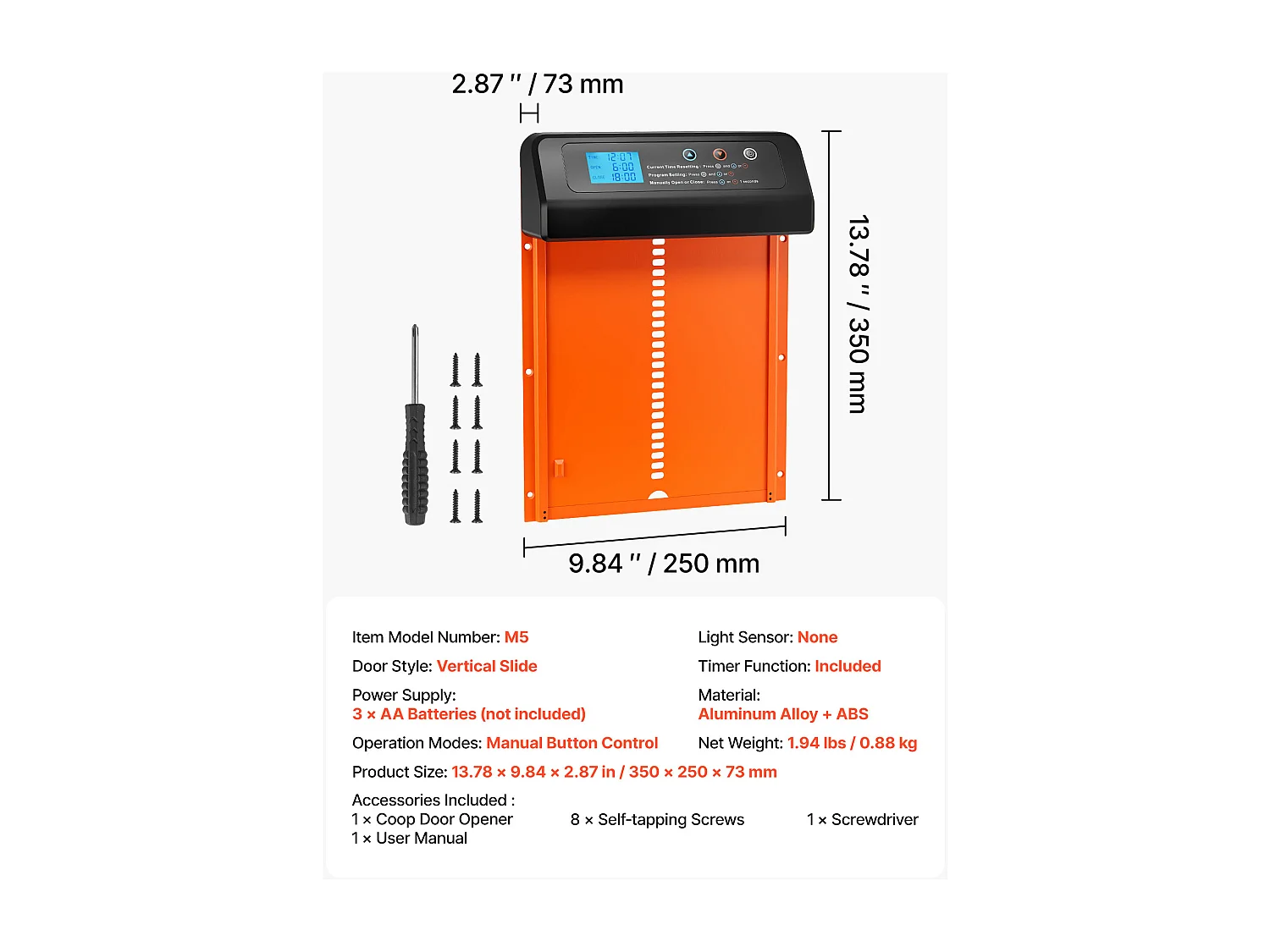 Porte Poulailler Automatique SucceBuy, Alimentation par Piles, 2 Modes avec Minuterie et Réglage Manuel, Système Anti-pincement, Alliage d'Aluminium, Orange
