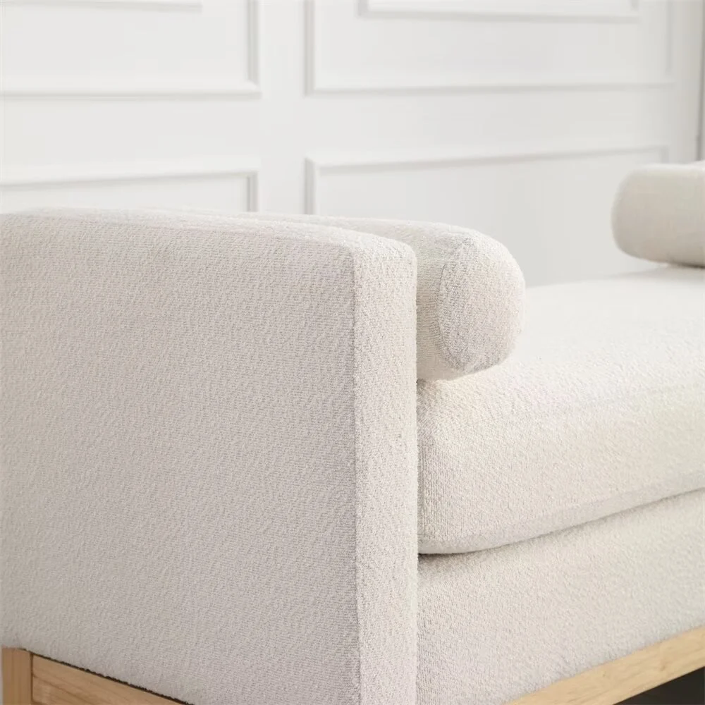 End of Bed Bench, 53.5" Boucle Fabric Upholstered Entryway Bench with Wood Legs & Bolster Pillows, Rolled Arm Cushioned Ottoman Foot Rest Long Stool Window Extra Seating for Bedroom, Ivory - Image 6