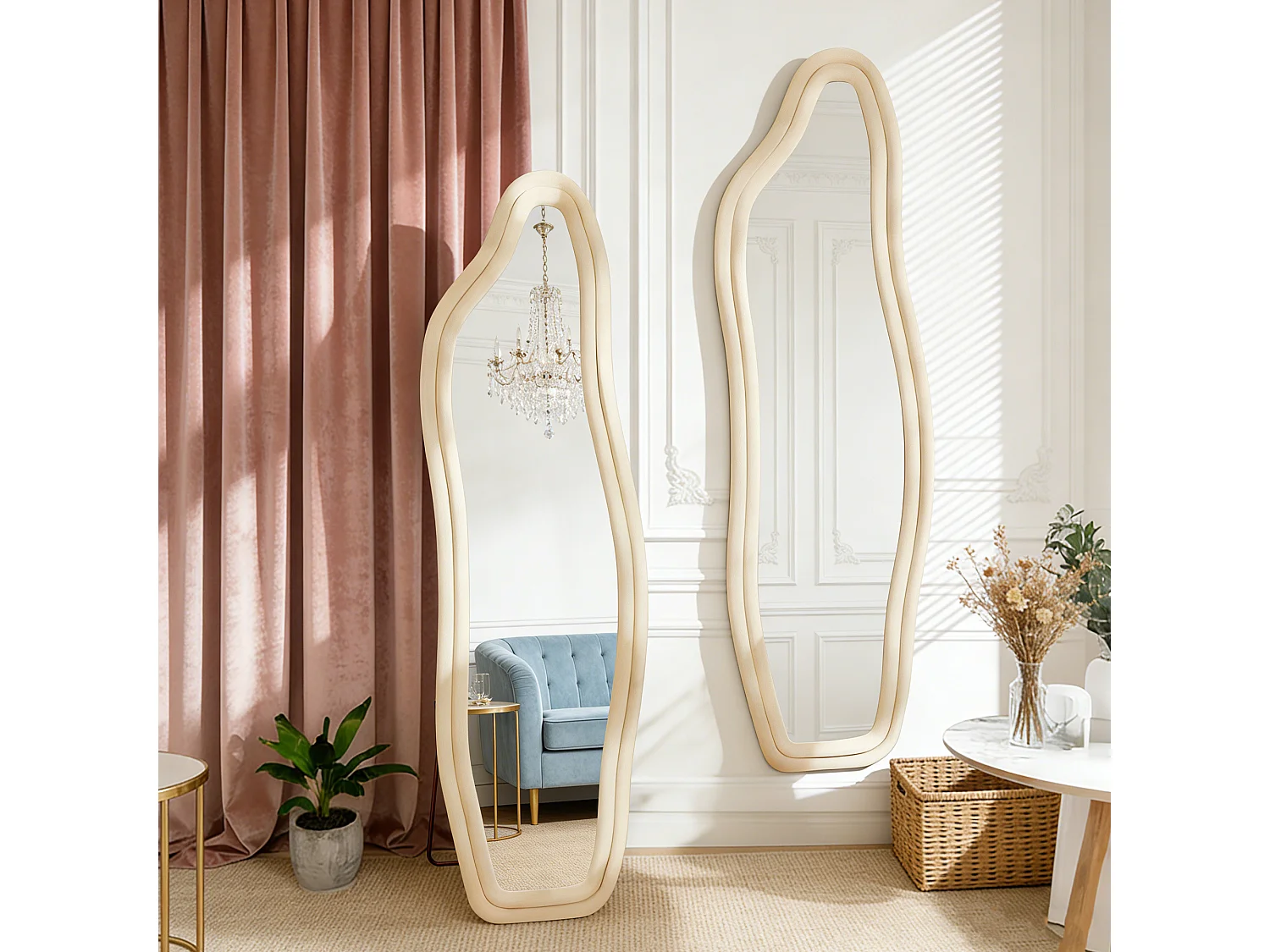 Miroir organique en tissu Velours de cristal, Miroir sur pied, monté au mur, grand miroir debout 160x50 cm, Verre trempé haute définition, jaune
