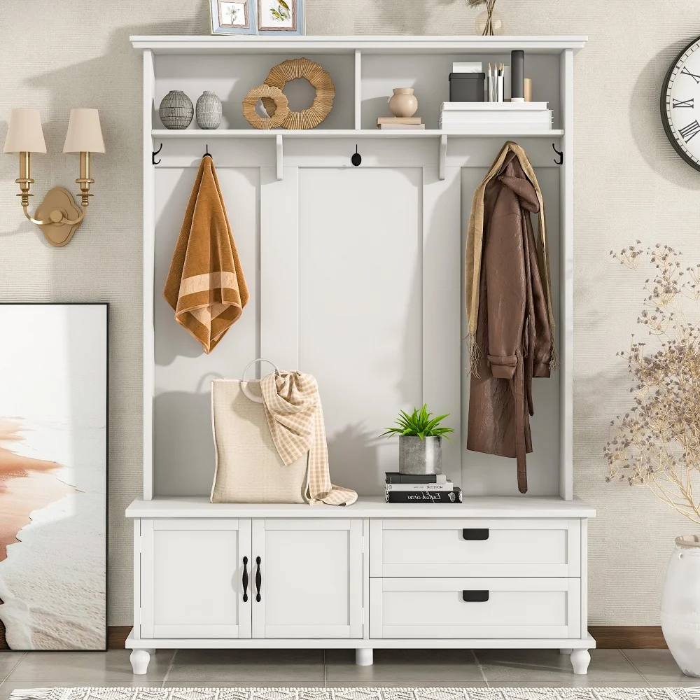 Spacious White Hall Tree with Storage Cabinet, 2 Large Drawers and 5 Coat Hooks, Contemporary Mudroom Bench