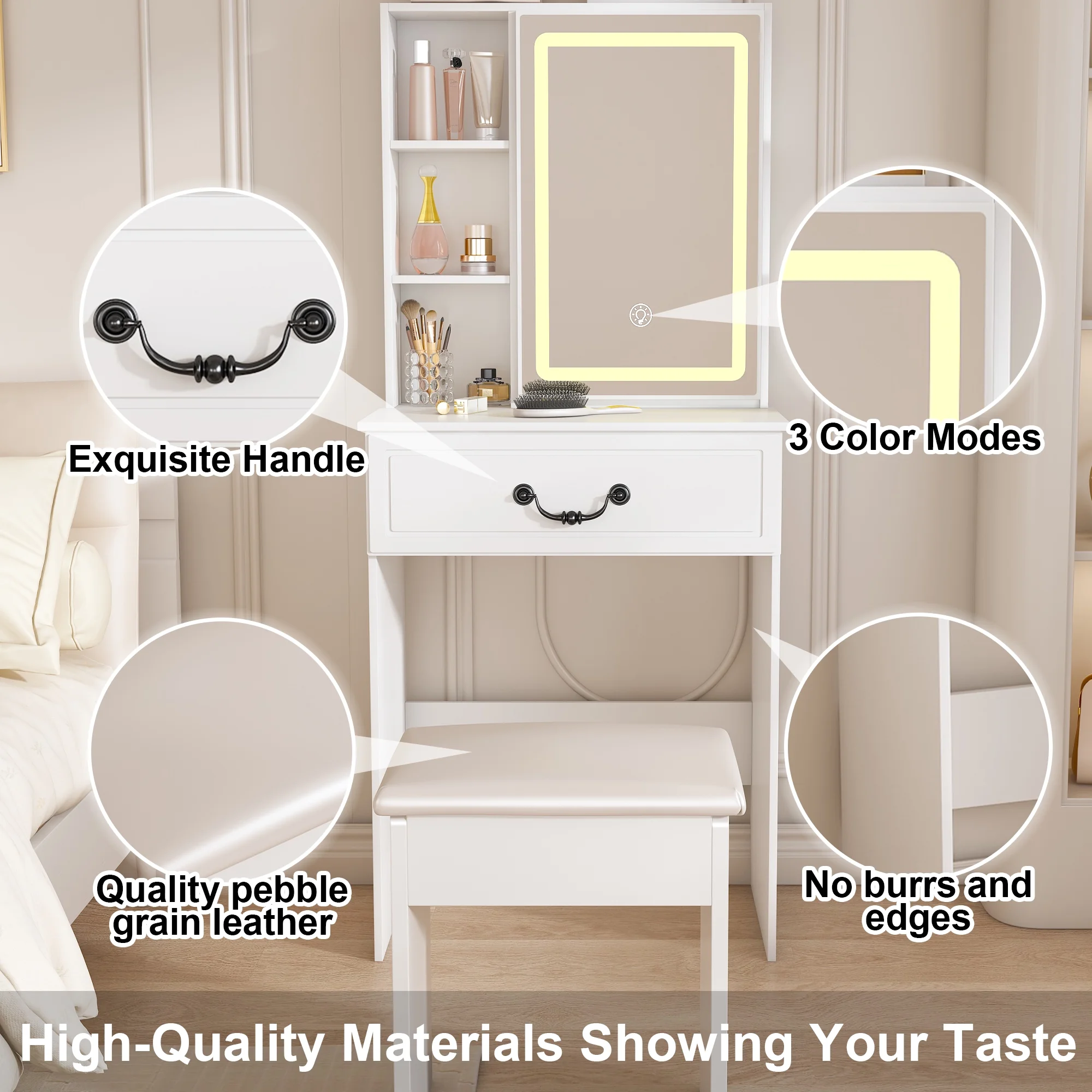 Montary Modern Mini Vanity w/Adjustable LED Mirror + Hidden Storage, Padded Stool & Dustproof Shelves (White) - Image 12