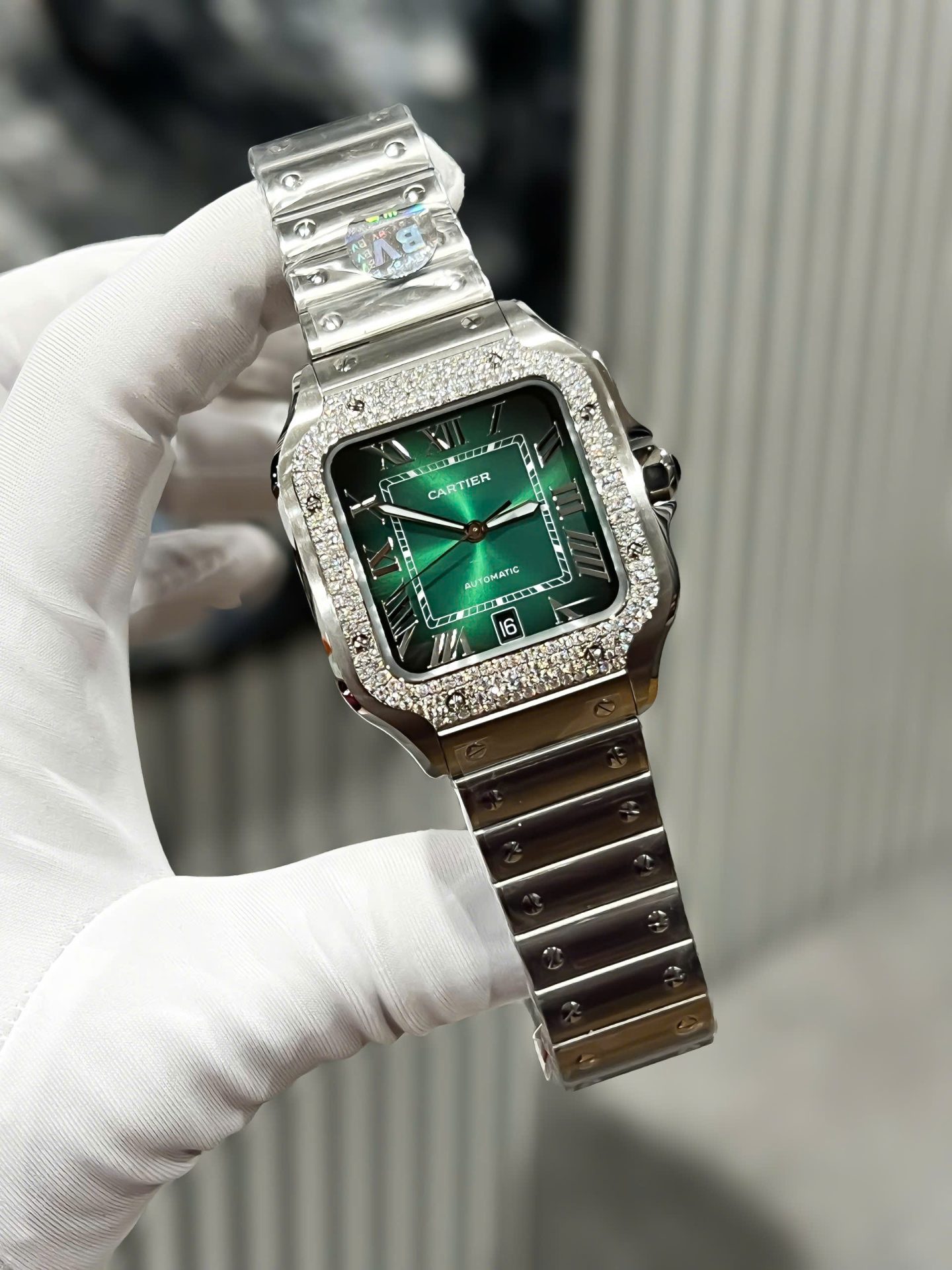 Cartier Santos Replica Watch Custom Moissanite Diamonds Dial Green BV Factory 39.8mm - Top club