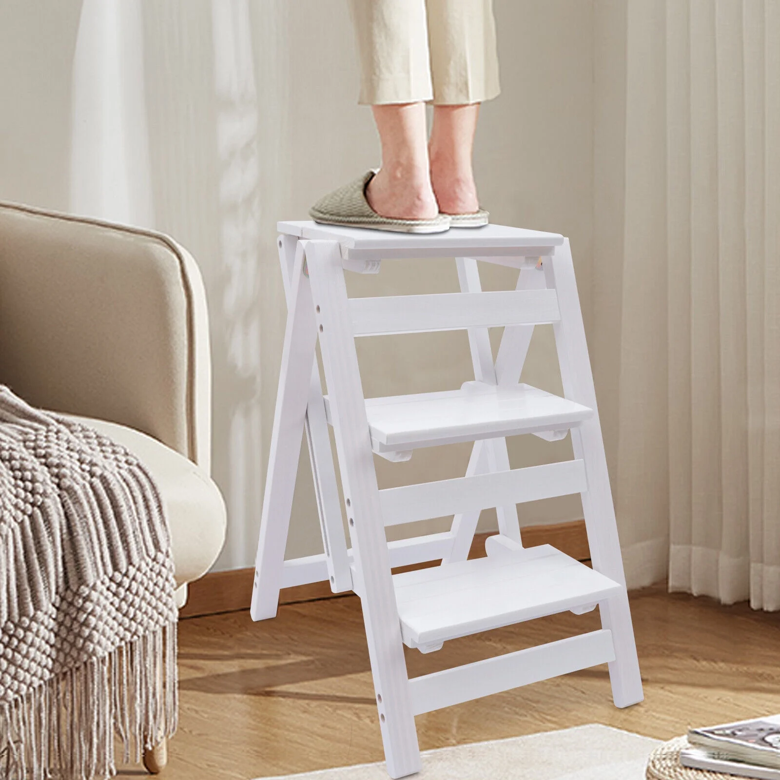White 3-Tier Step Stool Solid Wood Folding Ladder Anti-Slip Step Stool - Image 6