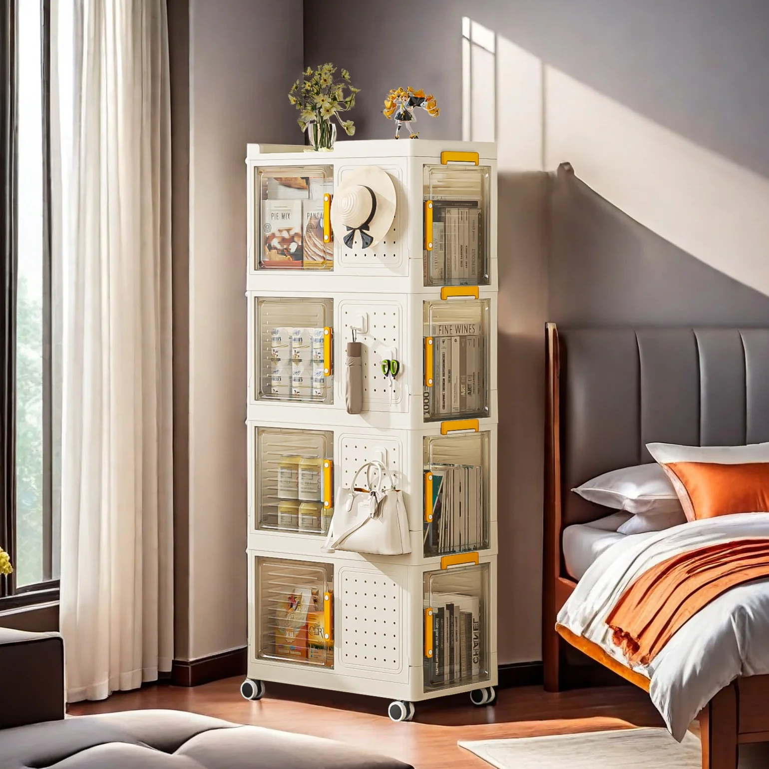 4-Tier Narrow Rolling Storage Cart with 8 Doors & Movable Wheels - Compact Bathroom & Kitchen Organizer for Small Spaces, Cream