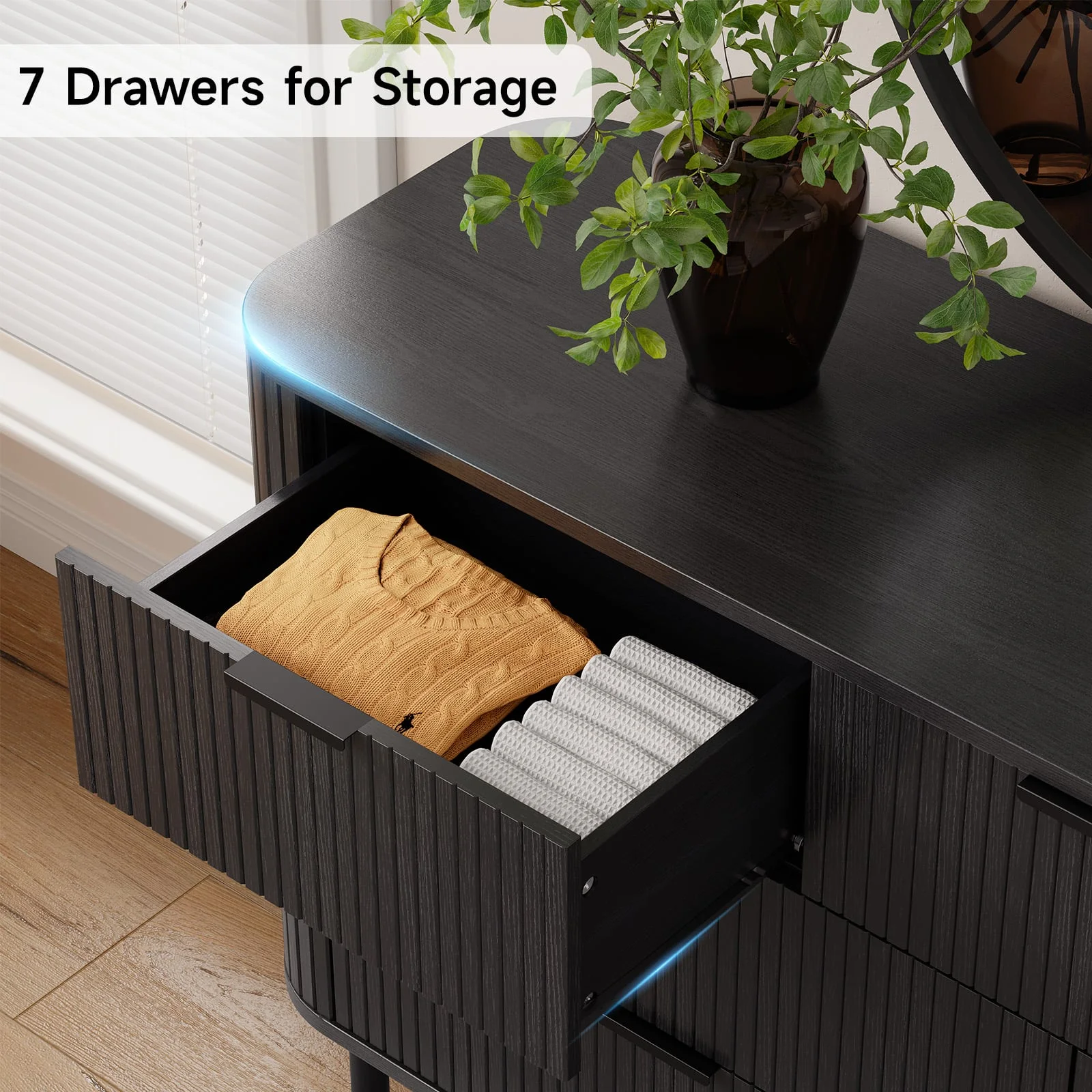 7-Drawer Fluted Dresser for Bedroom, 60 Inch Wide Modern Wood Chest with Metal Handles, Curved Profile Design - Also Ideal as TV Stand for Living Room, Hallway, Black