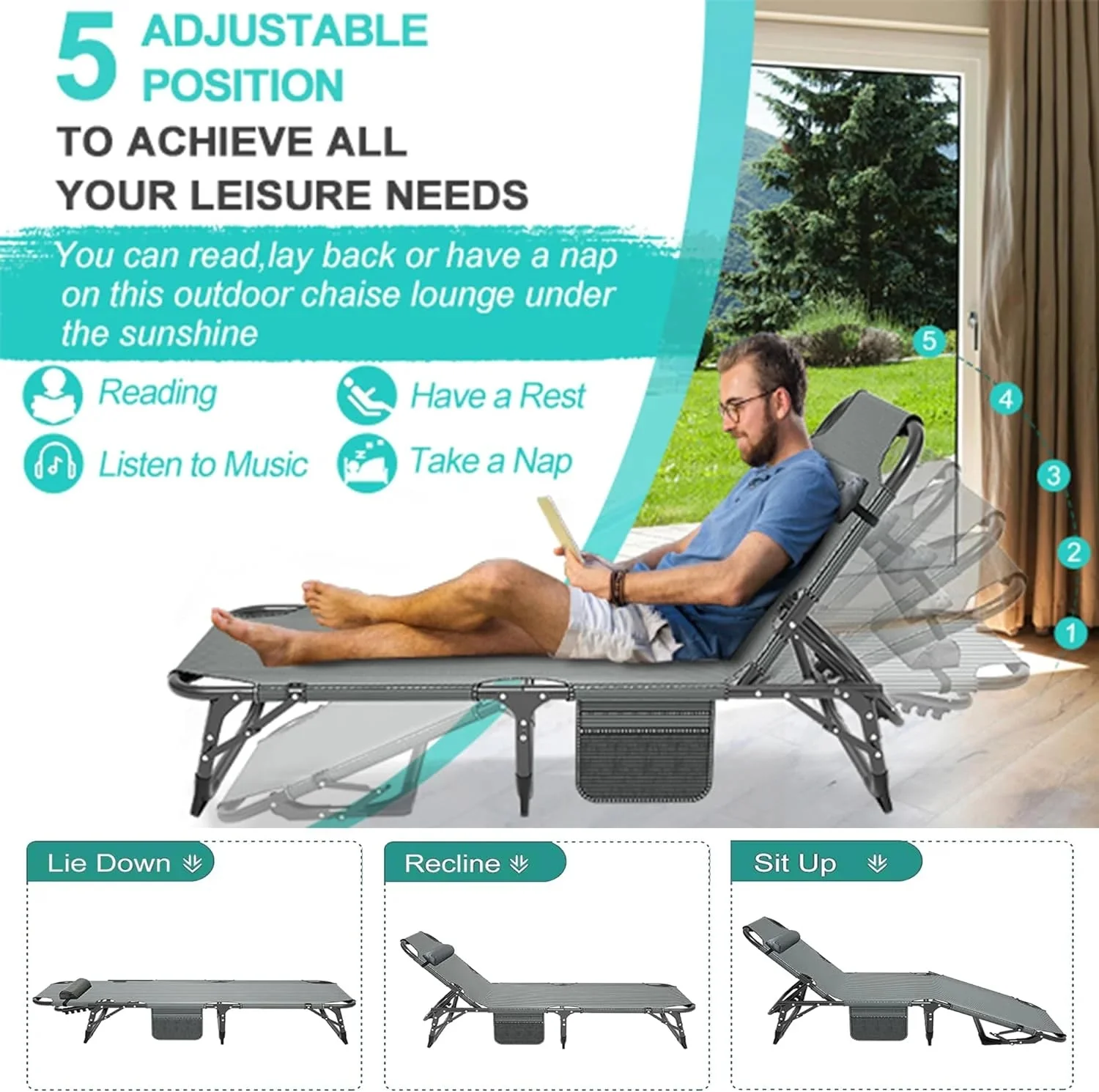 Slsy 5-Position Adjustable Folding Lounge Chair And Cot - 75.2" x 25.6" x 11.8" - Image 46 Slsy 5-Position Adjustable Folding Lounge Chair And Cot - 75.2" x 25.6" x 11.8" - Image 46