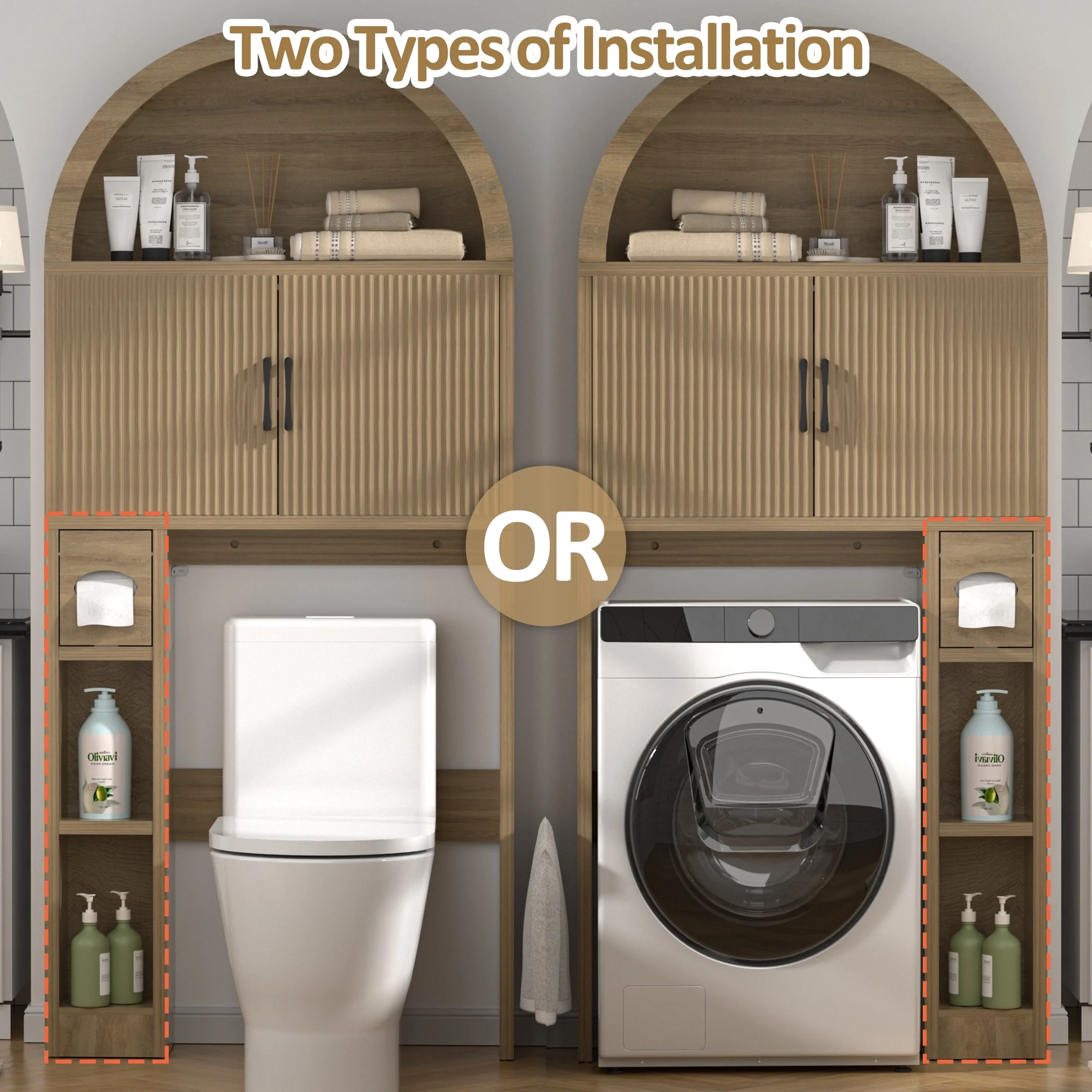HARIPUL Over The Toilet Storage Cabinet w/ Unique Wood Grain & Arc Design, Freestanding Bathroom Shelf Organizer Space Saver w/ Doors & Anti-Tip Device, Wood Color - Image 12