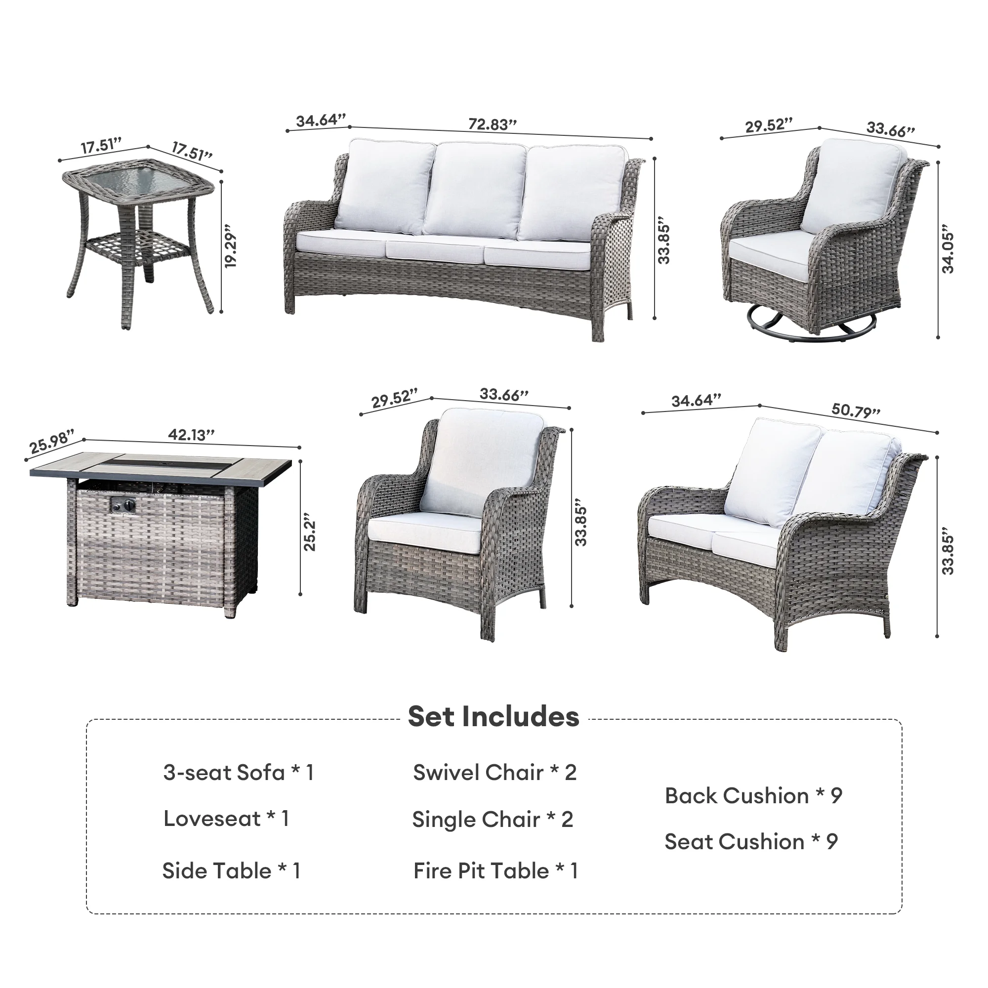 Vcatnet 8 Pieces Outdoor Patio Furniture Sectional Sofa All-weather Conversation Set with Swivel Rocking Chairs and Fire Pit Table for Garden,Poolside,Gray
