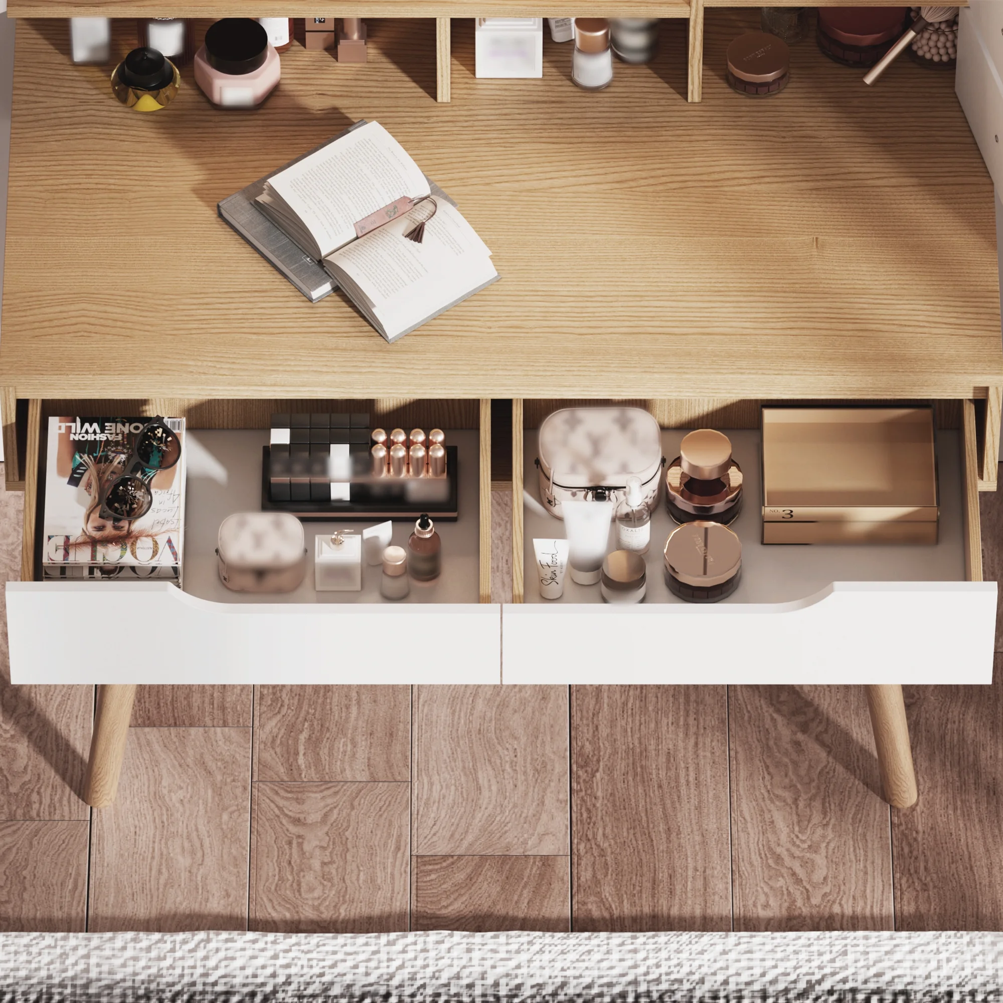 Montary Modern Mini Vanity w/Adjustable LED Mirror + Hidden Storage, Padded Stool & Dustproof Shelves (White) - Image 141