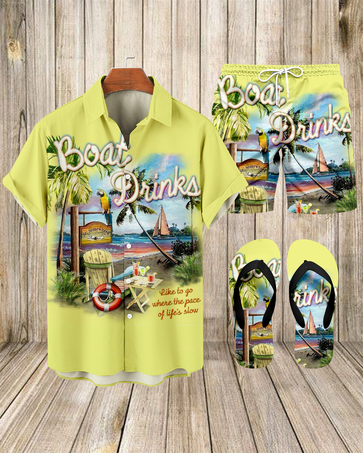 Suitmens Men's Hawaii Vacations Print Shirt Three-Piece Set 062