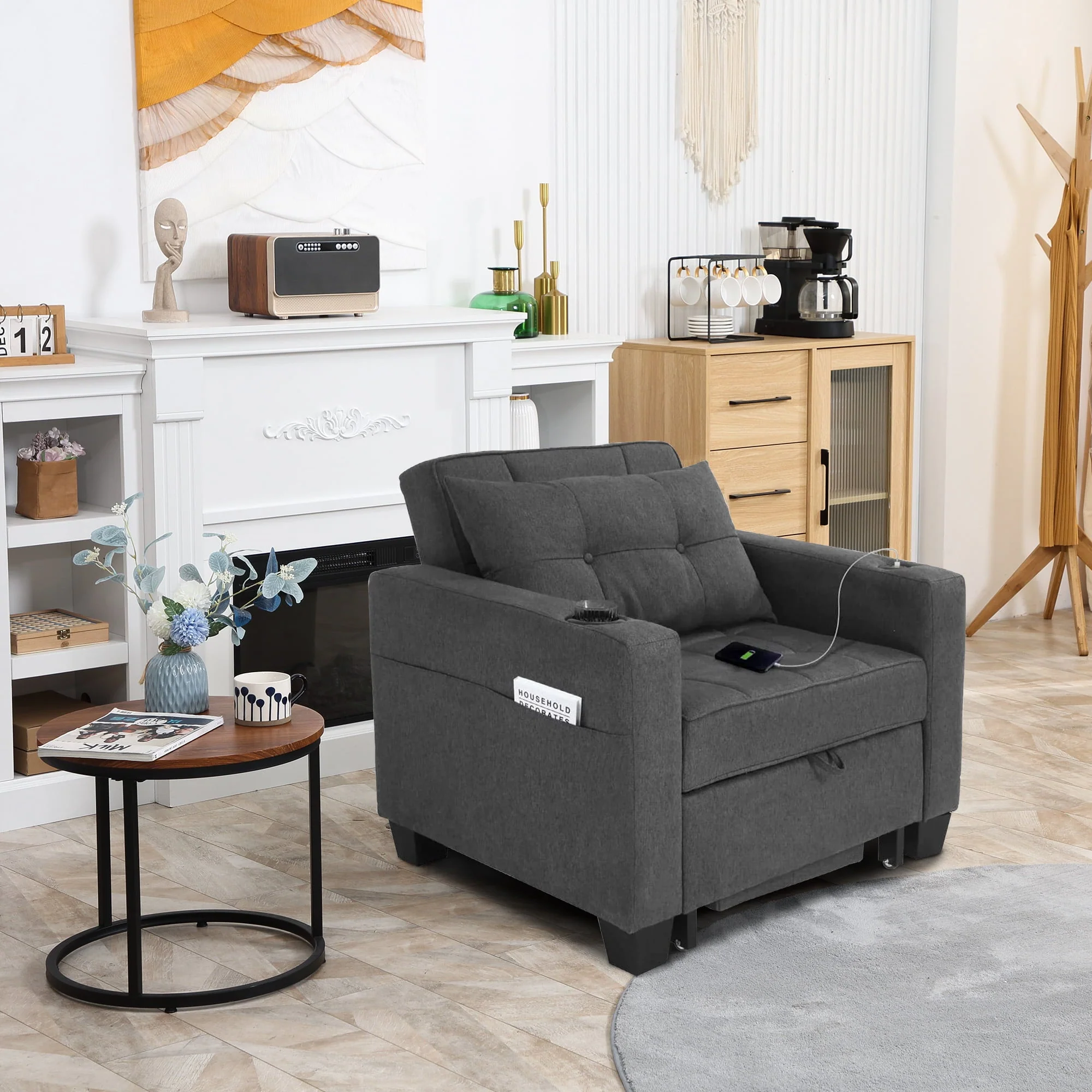 DURASPACE 3 in 1 Convertible Sleeper Chair Bed with Usb Port, Linen Pull Out Chair Indoor, Dark Gray - Image 9