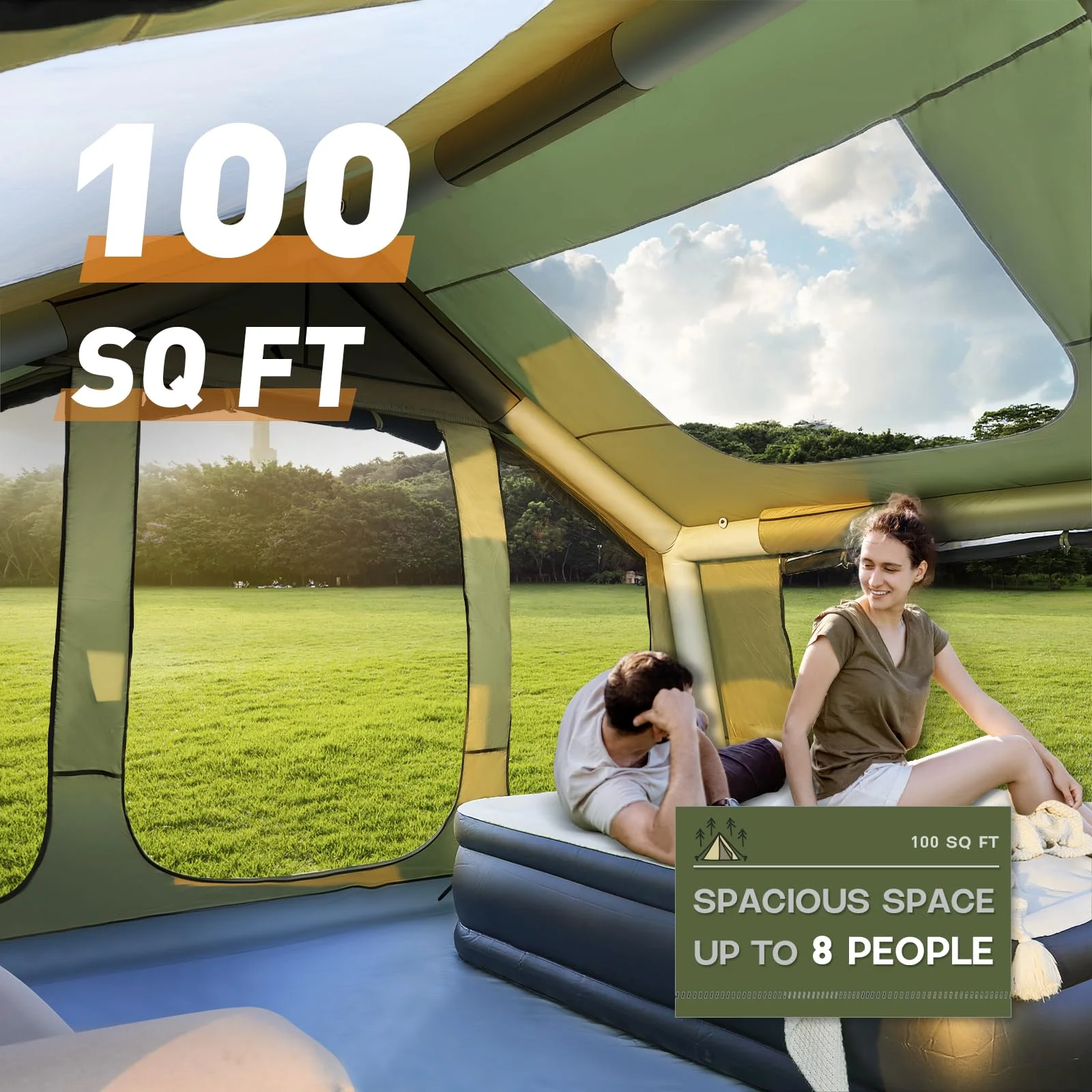 Yoleny 12'x8' Inflatable Tent, 96 SFT Blow Up Tent for Camping, 4 Season Oxford Glamping Tents with Clear Skylight, Pump & Stove Jack - Image 25