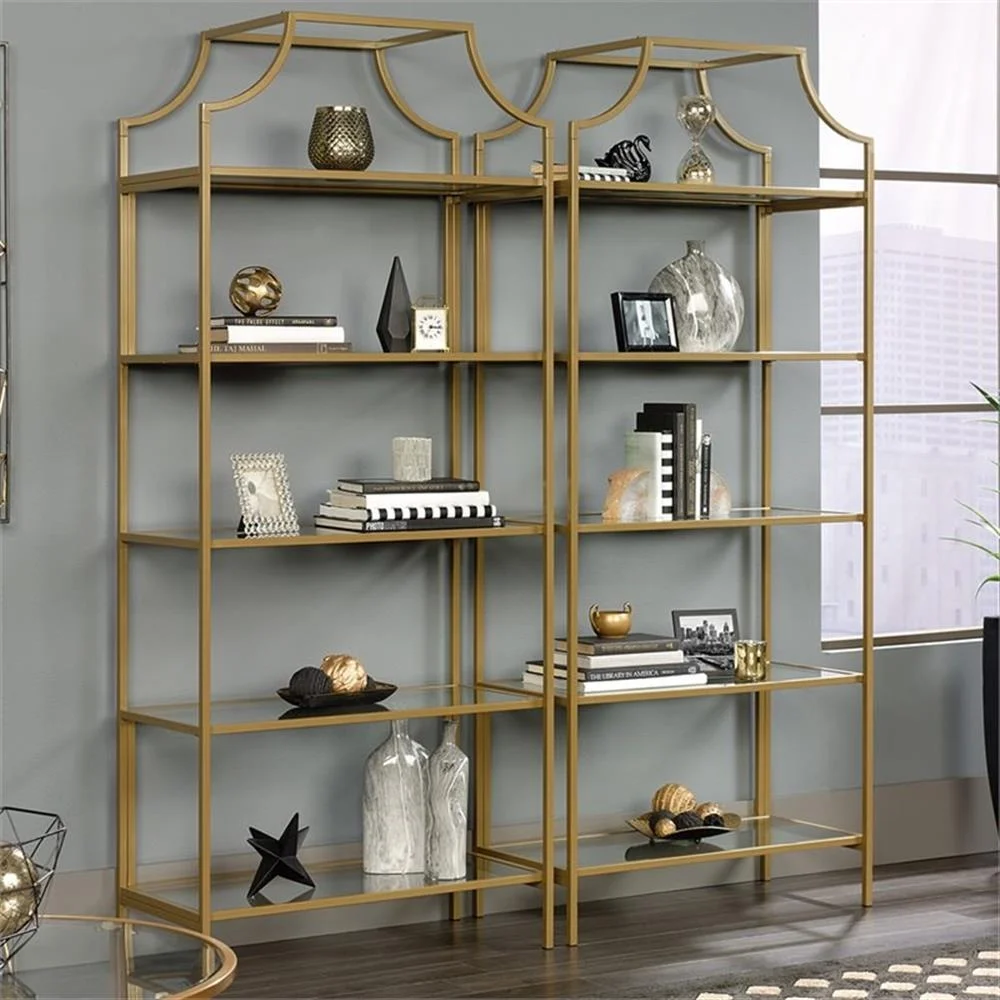 Pemberly Row 5-Shelf Modern Metal Bookcase in Gold Satin/Faux Deco Stone - Image 24