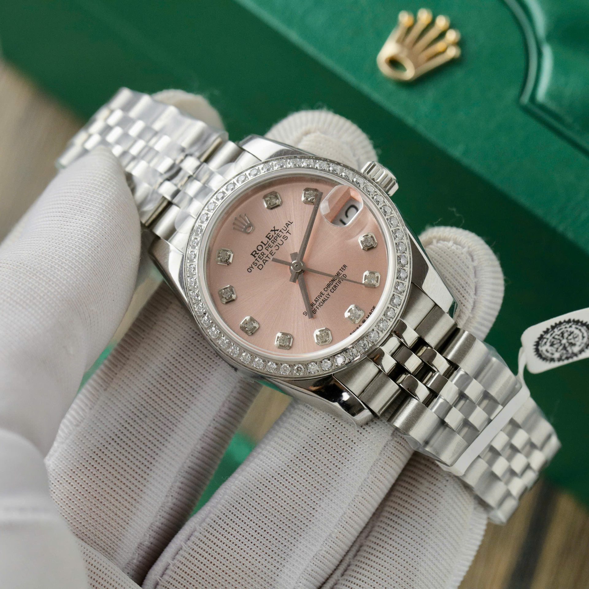 Rolex DateJust Replica Watch Womens Pink Dial Custom Moissanite Diamonds 31mm - Elite Watch Atelier