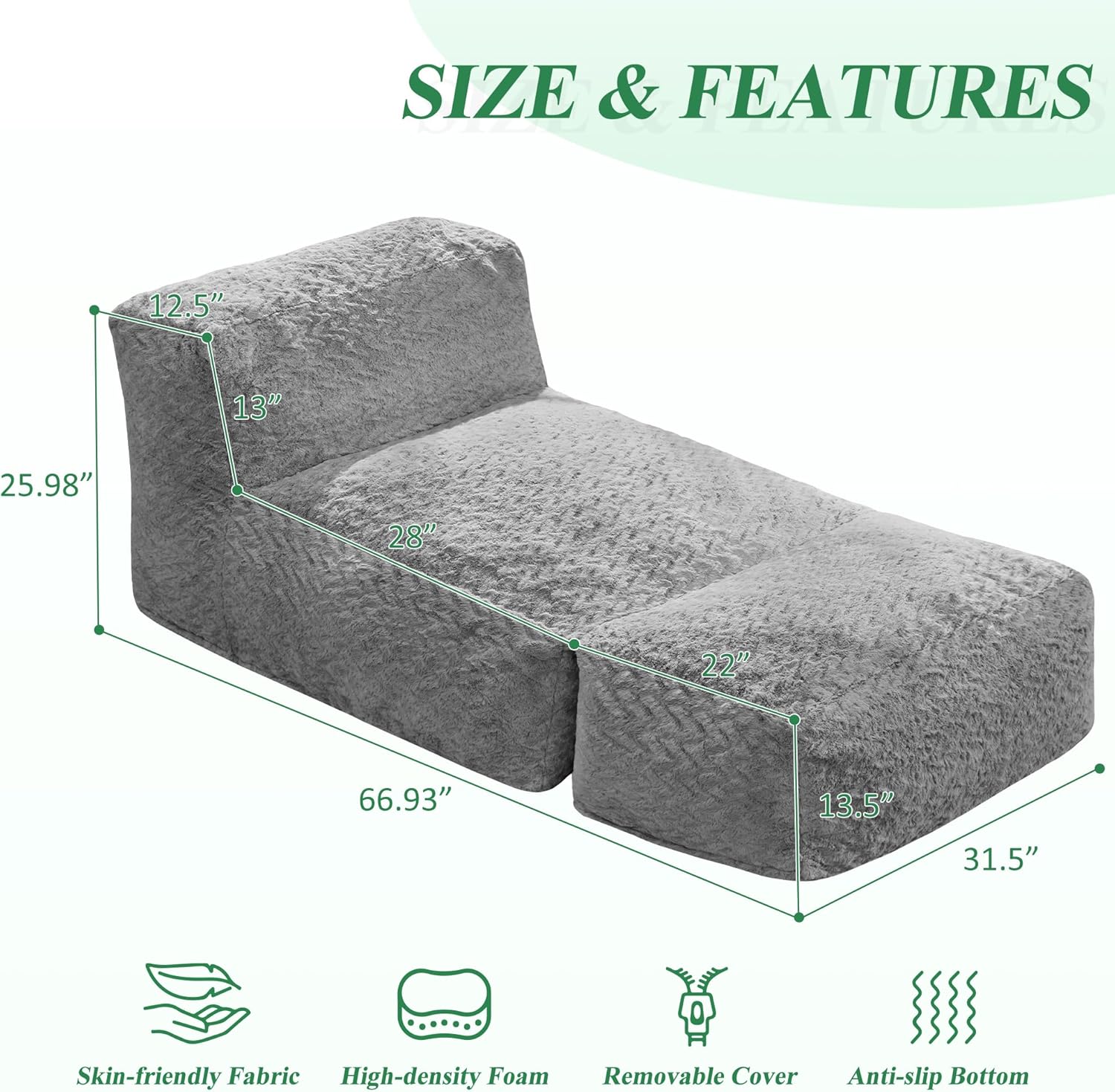 Hobestluk Bean Bag Chair Big Bean Bag Lounger for Adults Bean Bag Couch with Memory Foam Filled for Living Room, Bedroom or Balcony (Chevron Plush Grey)