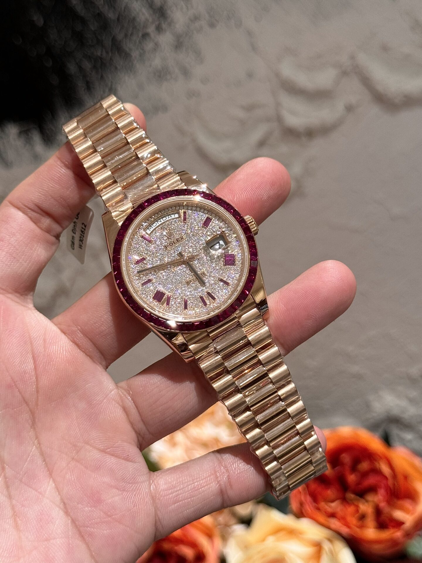 Rolex Replica Watch Day-Date Moissanite Ruby Baguette Red 18K Gold Wrapped 40mm - Top club