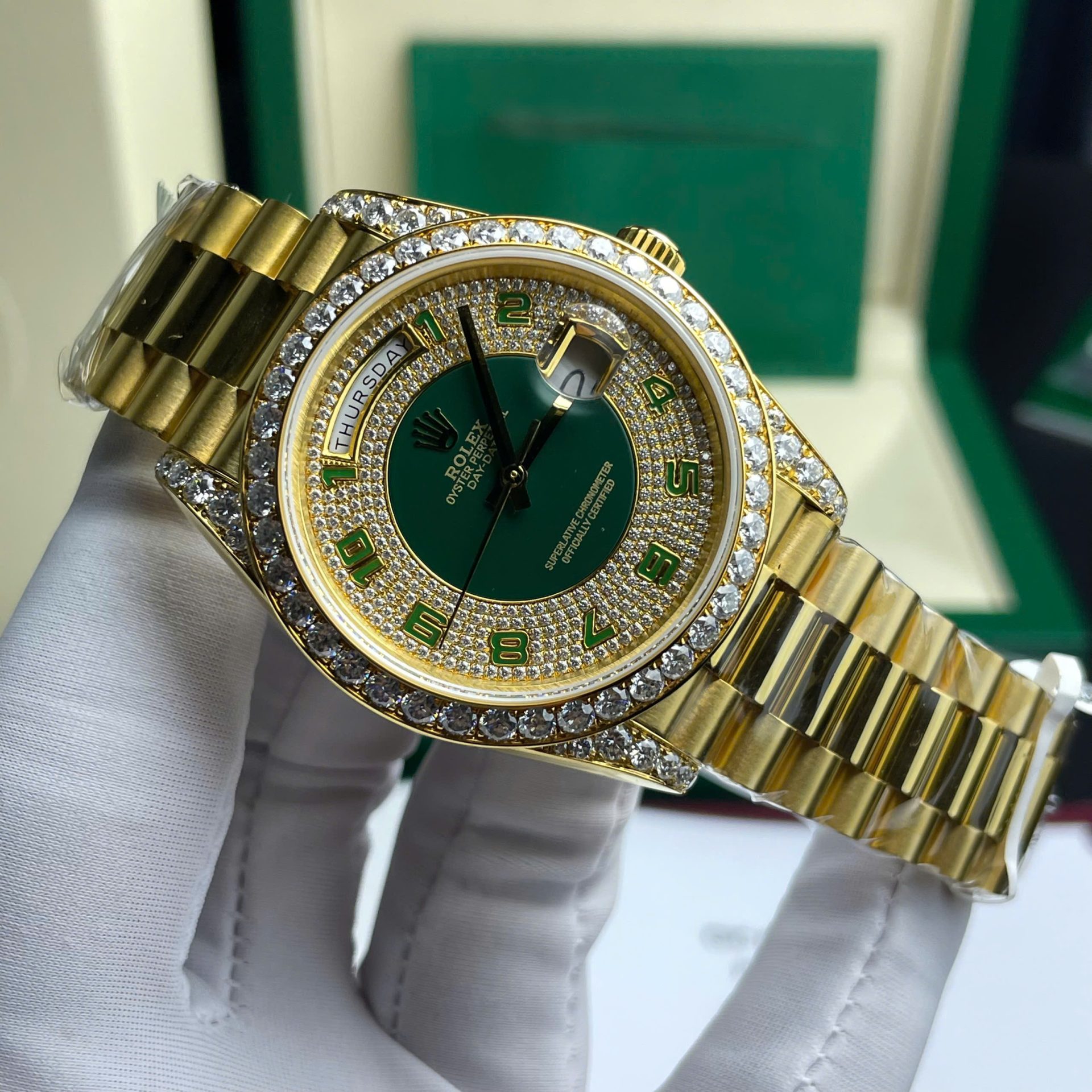 Rolex Day-Date Replica Watch Gold Wrapped + Moissanite Diamonds Weight 173 Gram 40mm - Elite Watch Atelier