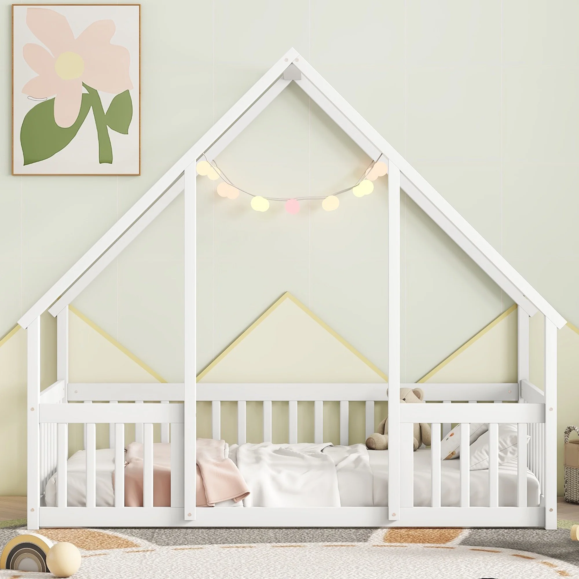 Bellemave Twin Size Floor Bed Frame, Wooden House Bed Twin Size with Fence, Montessori Bed with Guardrails for Bedroom (White) - Image 2