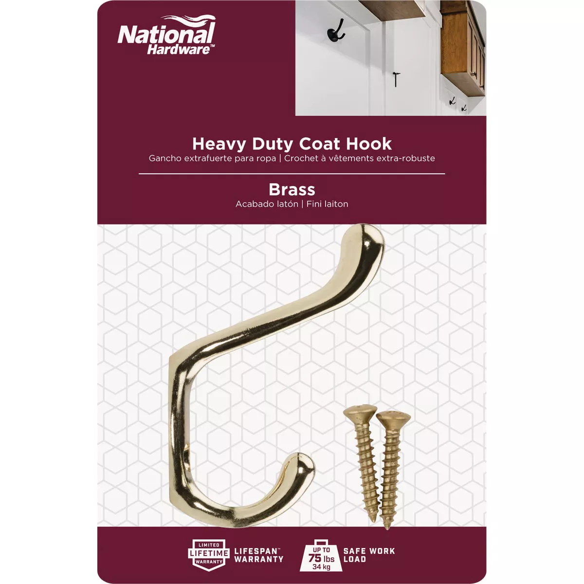 National Hardware Heavy-Duty Bright Brass Wardrobe Hook