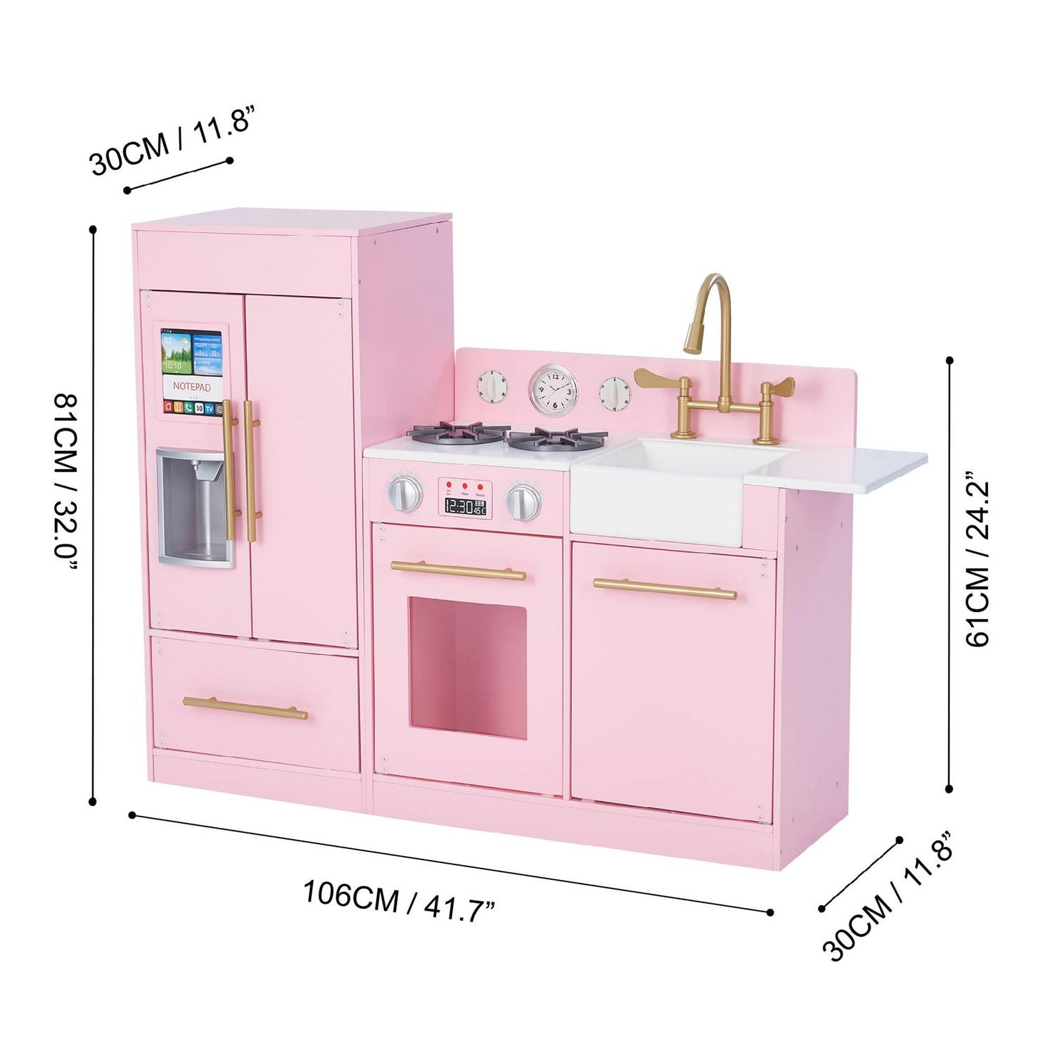 Teamson Kids Little Chef Charlotte Wooden Play Kitchen Set for Toddlers. Pretend Cooking Playset with Stove. Sink & Fridge. Pink/Gold