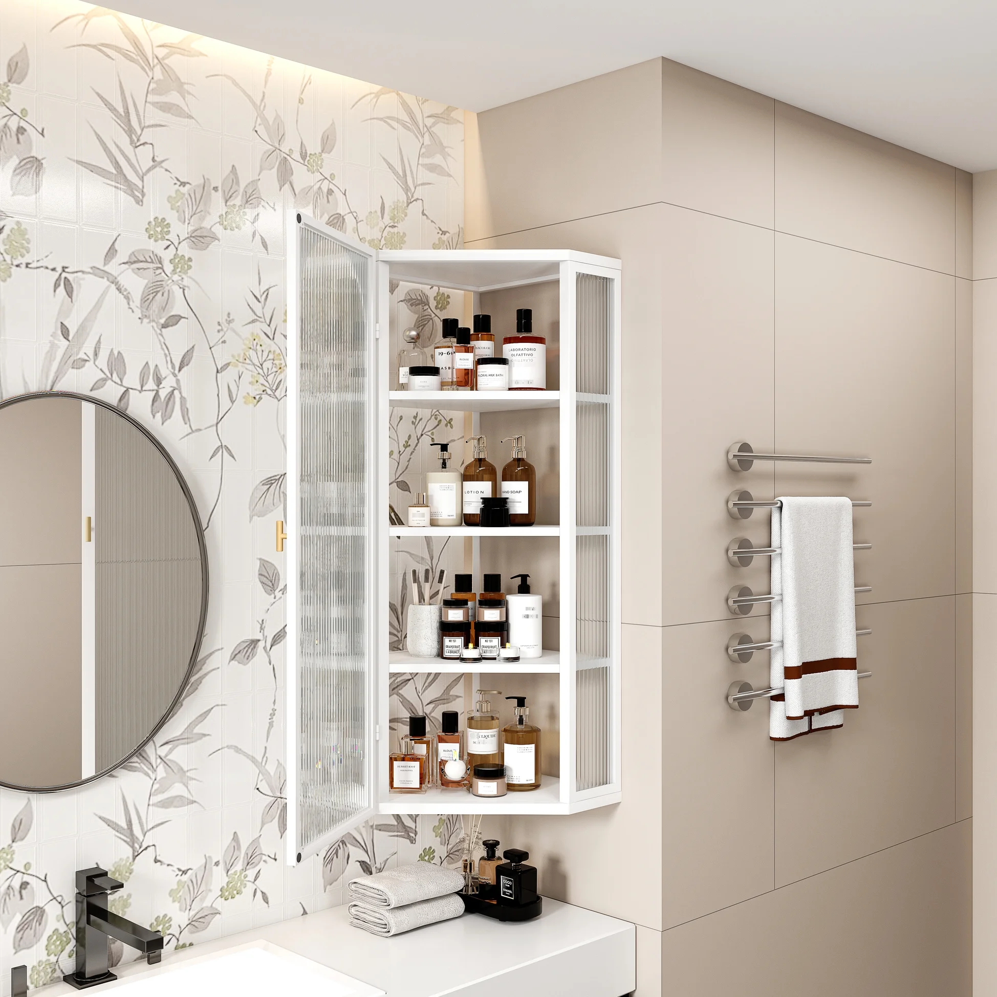 Wall Mounted Storage Cabinet In White, Minimalist Design For Home, Four Shelves, Bedroom To Kitchen Bathroom White Storage, Modern Minimalist, With