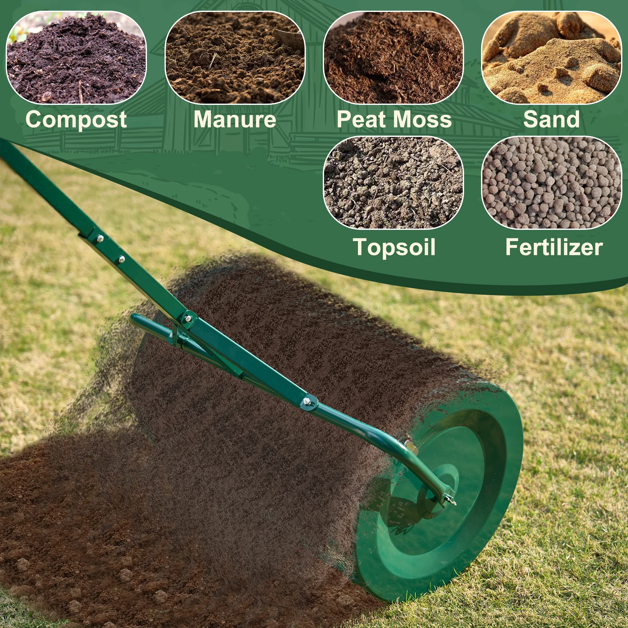 MUCHANT 24" Compost Spreader, Heavy-Duty Metal Mesh Spreader with Adjustable Handle for Lawn, Green - Image 4