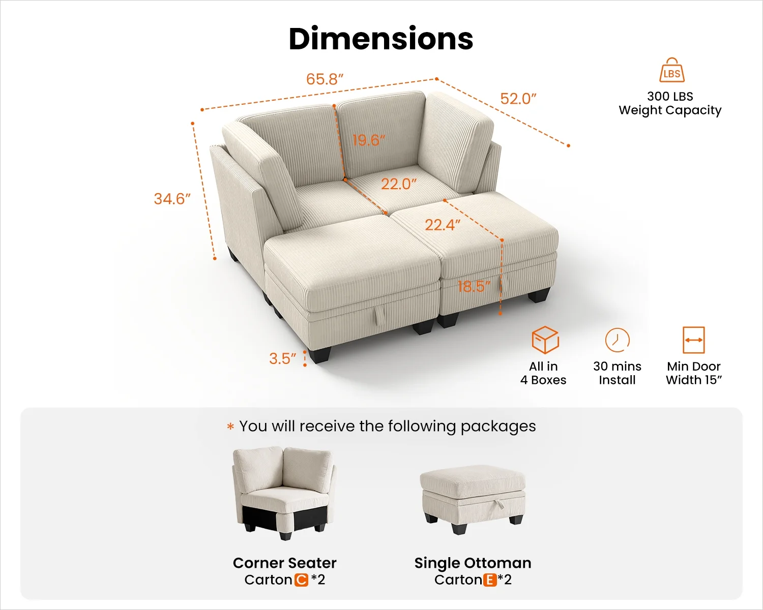 CHIC HOUSE 154.5" Sectional Sofa with Storage Ottoman Chaise, Corduroy U Shaped Sofa Convertible Sectional Couches for Living Room, 12 Seater Corner Modular Sofa with Deep Seat Throw Pillows, Green - Image 22