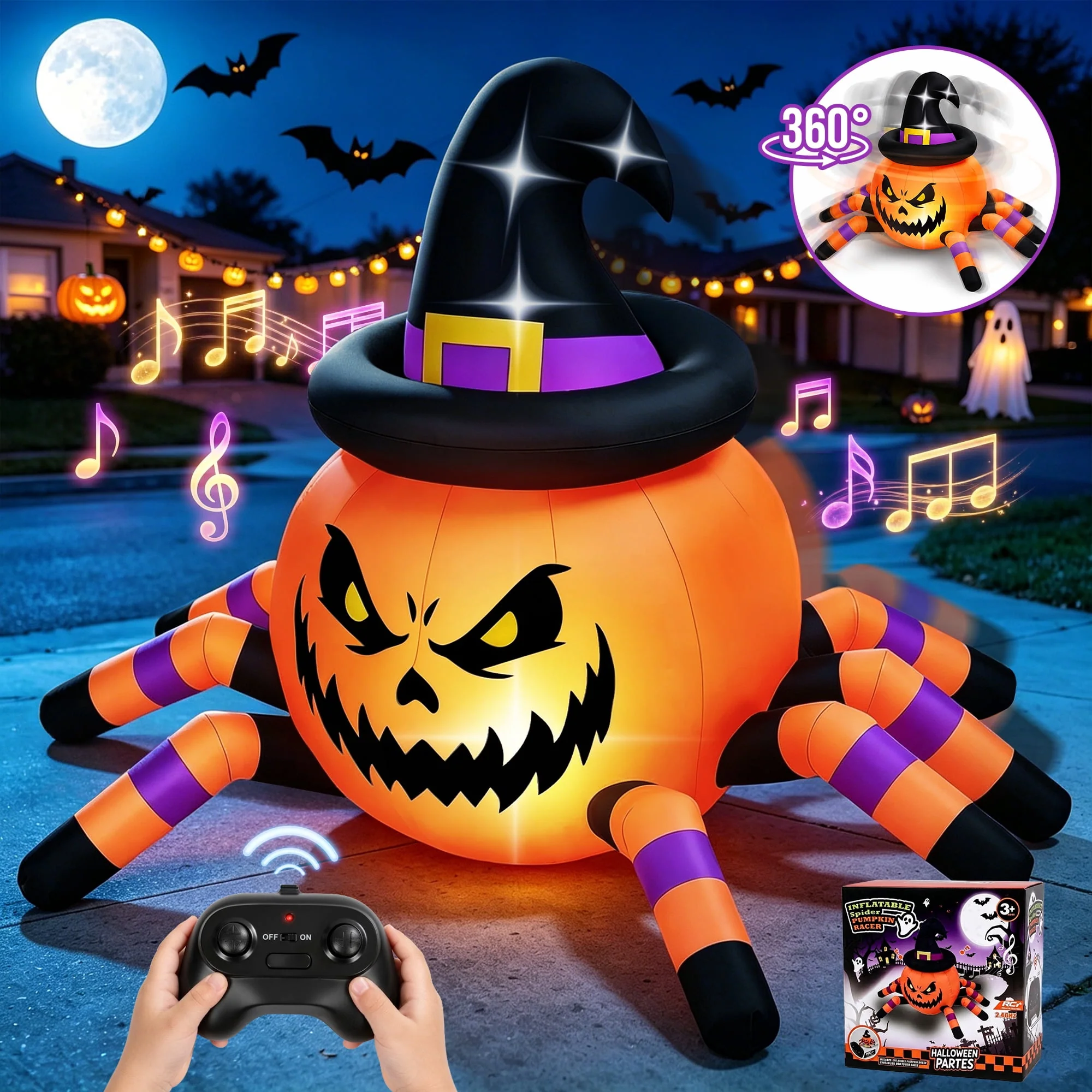 Firstness 2.4GHz Remote Control Car Halloween Inflatable Pumpkin Spider Blow ups Rc Car 360° Rotation, 3 Music and LED Lights, Aged 3+ - Image 13 Firstness 2.4GHz Remote Control Car Halloween Inflatable Pumpkin Spider Blow ups Rc Car 360° Rotation, 3 Music and LED Lights, Aged 3+ - Image 13