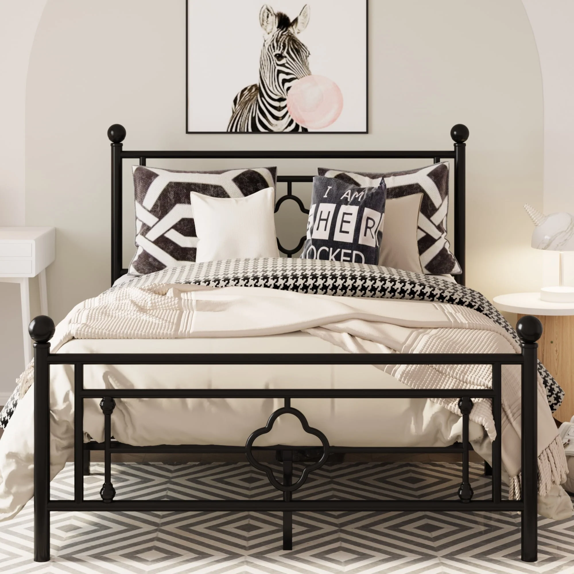 Allewie Full Size Metal Platform Bed Frame with Victorian Vintage Headboard and Footboard, Black