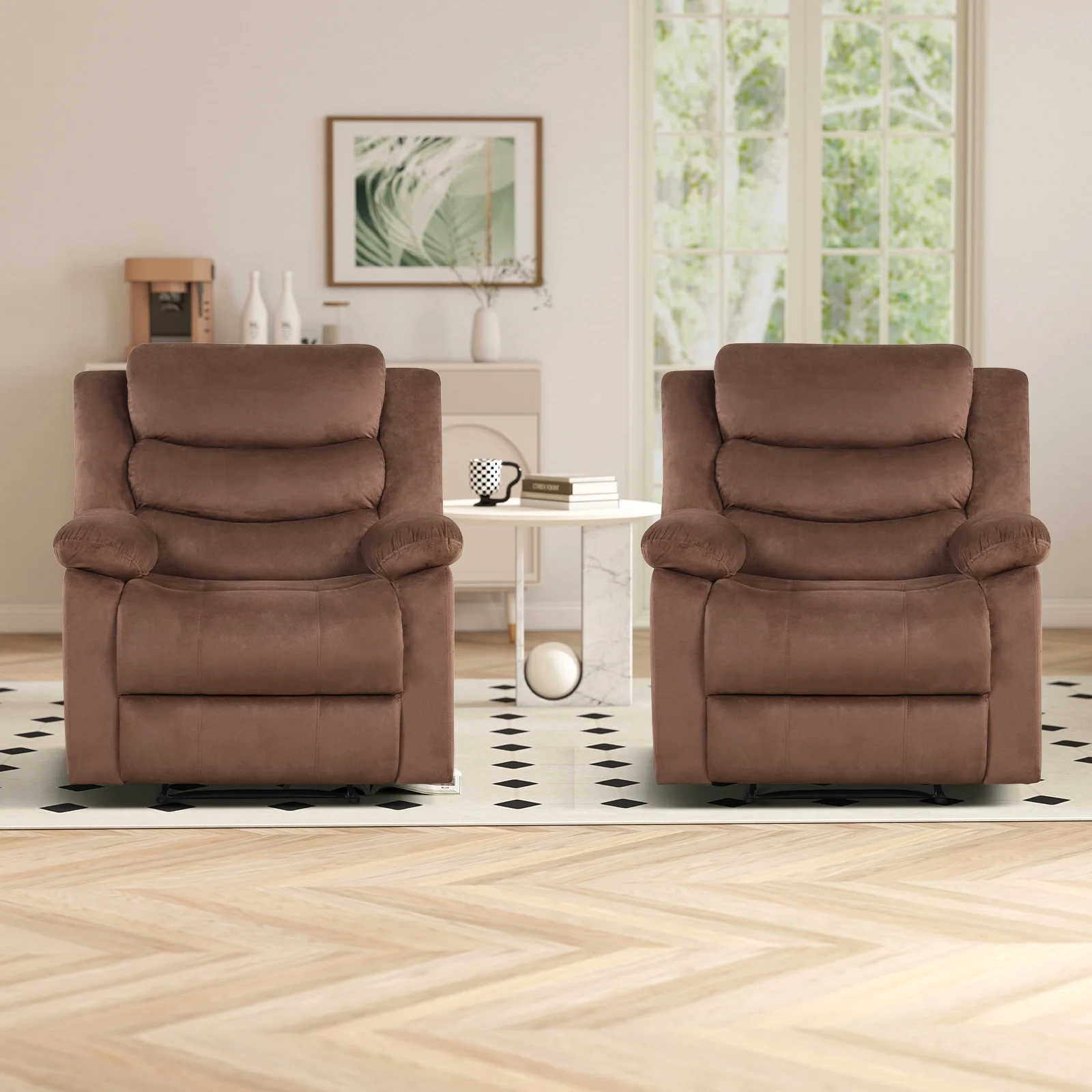 Bonzy Home Recliner Chairs for Living Room Overstuffed Breathable Fabric Reclining Chair Manual Sofa Brown - Image 33